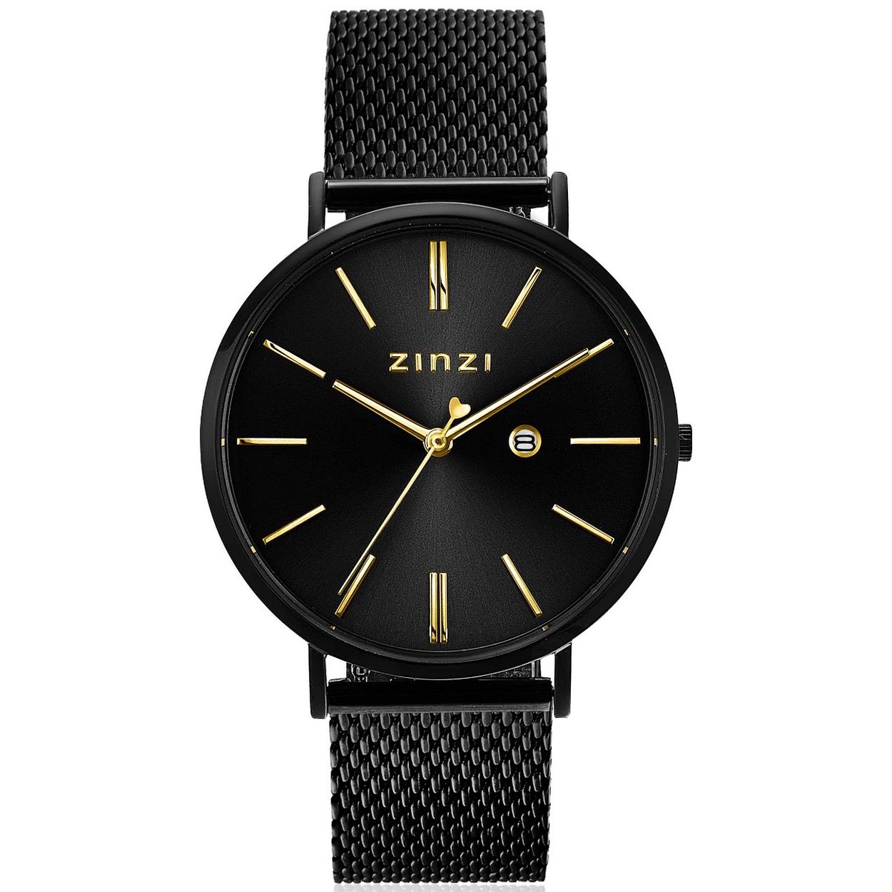 Het nieuwe ZINZI Retro horloge is klassiek en trendy tegelijk. Het extra dunne Japanse uurwerk met datum en de platte ronde stalen zwarte kast (38mm) zorgen voor een elegante look. Voorzien van een zwarte wijzerplaat, goudkleurige wijzers en stalen mesh band in zwart. De band is eenvoudig te verwisselen door het handige schuifsysteem aan de achterkant. Leuk detail: de geelvergulde hartjes seconde wijzer en de speelse ronde datum-aanduiding.