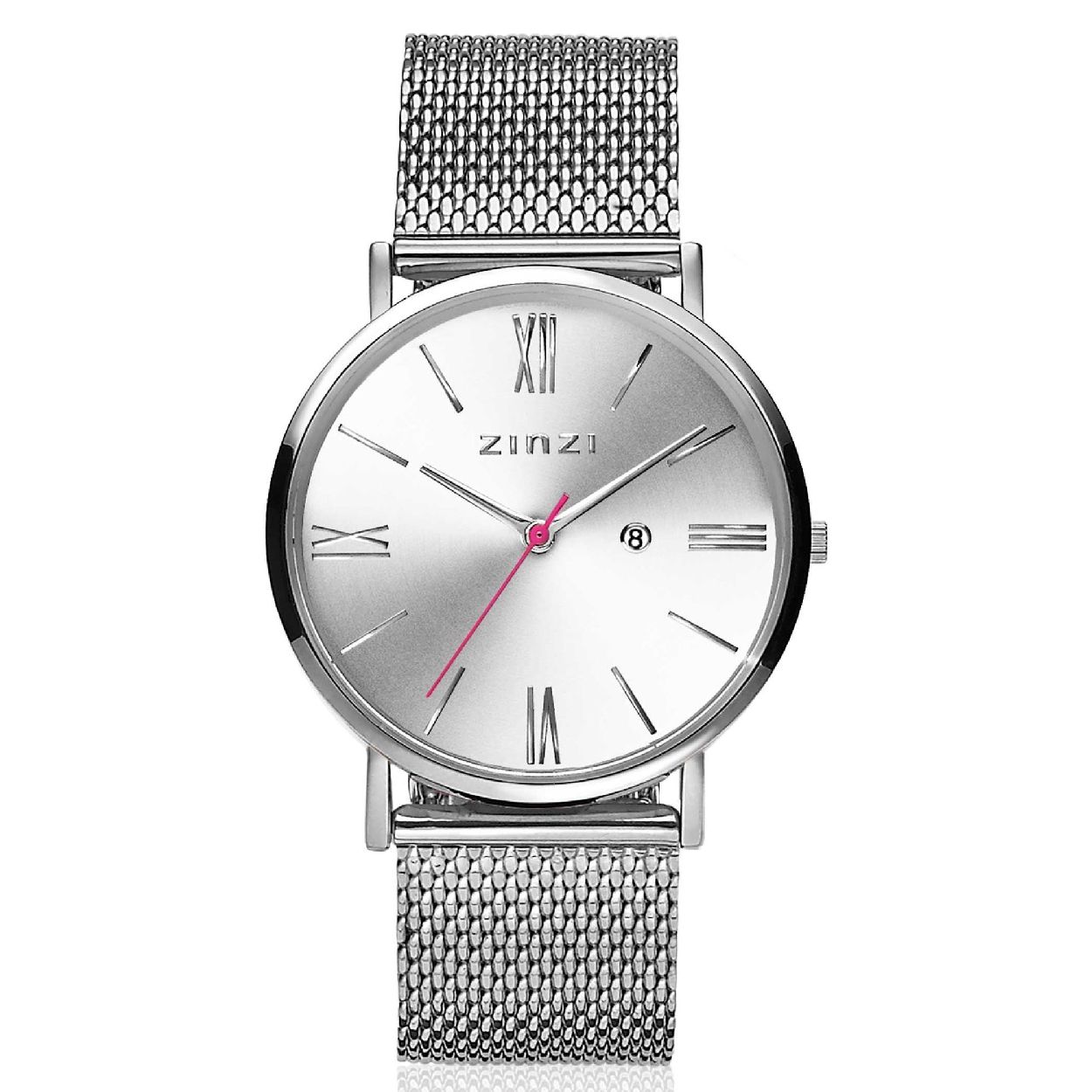 Het nieuwe ZINZI Roman horloge is een maatje kleiner dan de populaire Retro watch. Met zijn geheel stalen kast van 34mm oogt dit horloge trendy op de dunnere pols. En de sierlijke romeinse cijfers geven de wijzerplaat een tijdloos karakter. Natuurlijk met de bekende Zinzi touch ontworpen. Het extra dunne Japanse uurwerk met datum en de platte ronde stalen zilvergekleurde kast (34mm) zorgen voor een elegante maar fashionable look. Voorzien van een zilveren 'sunray' wijzerplaat en stalen mesh band in de kleur zilver. De band is eenvoudig te verwisselen door het handige schuifsysteem aan de achterkant. Leuk detail: de seconde wijzer met hartje en de speelse ronde dag-aanduiding. Ook 5atm waterbestendig (tegen regen en spatwater) en met sterk mineraal glas. Want kwaliteit staat bij Zinzi voorop.