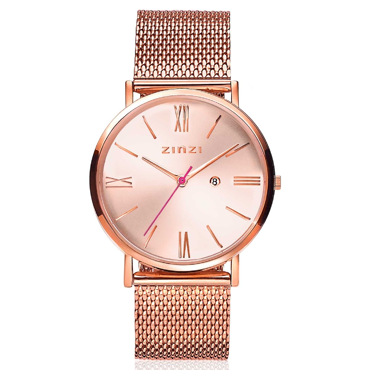 ZINZI Roman horloge rosegoudkleurige wijzerplaat en kast stalen mesh band rosegoudkleurig 34mm extra dun ZIW505M