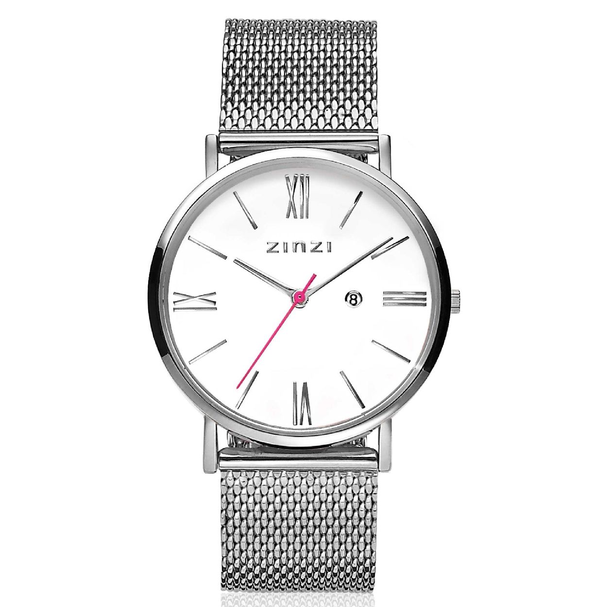 ZINZI Roman horloge witte wijzerplaat stalen kast stalen mesh band 34mm extra dun ZIW506M
