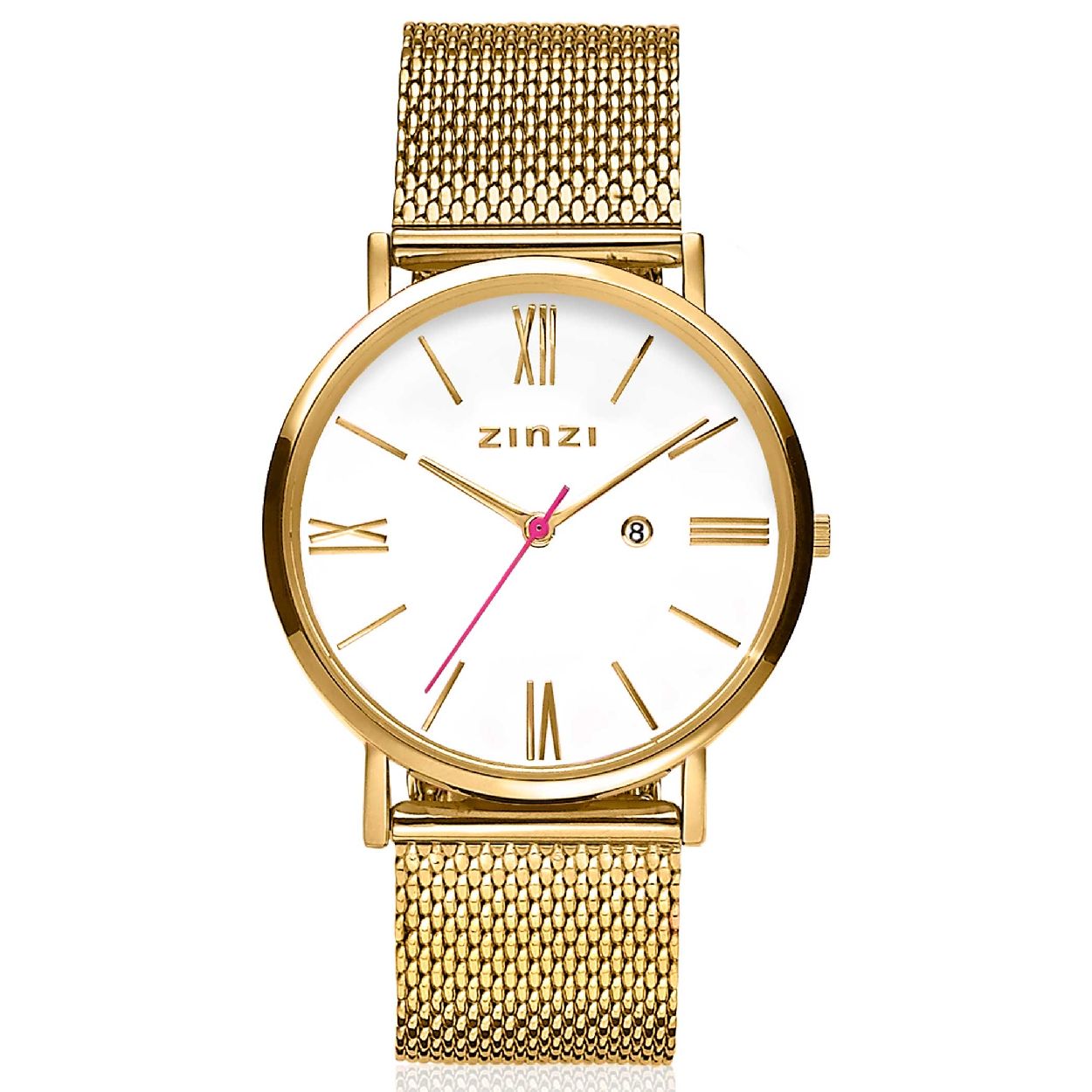 ZINZI Roman horloge witte wijzerplaat stalen kast geelgoudkleurig stalen mesh band geelgoudkleurig 34mm extra dun ZIW507M Bij dit horloge ontvang je een goldplated armbandje Gratis!