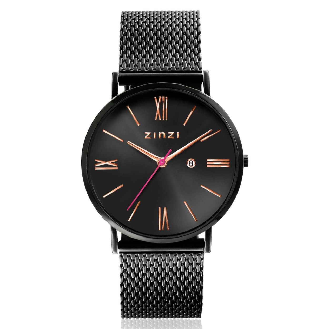 Het nieuwe ZINZI Roman horloge is een maatje kleiner dan de populaire Retro watch. Met zijn geheel stalen kast van 34mm oogt dit horloge trendy op de dunnere pols. En de sierlijke romeinse cijfers geven de wijzerplaat een tijdloos karakter. Natuurlijk met de bekende ZINZI touch ontworpen. Het extra dunne Japanse uurwerk met datum en de platte ronde stalen zwarte kast (34mm) zorgen voor een elegante maar fashionable look. Voorzien van een zwarte 'sunray' wijzerplaat met rosé wijzers en zwart stalen mesh band