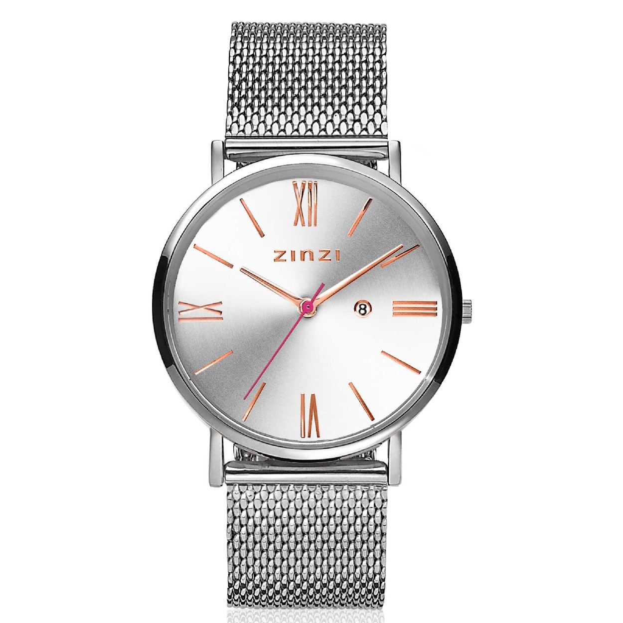 ZINZI Roman horloge zilver gekleurde wijzerplaat en kast met rose wijzers stalen mesh band 34mm extra dun ZIW512M