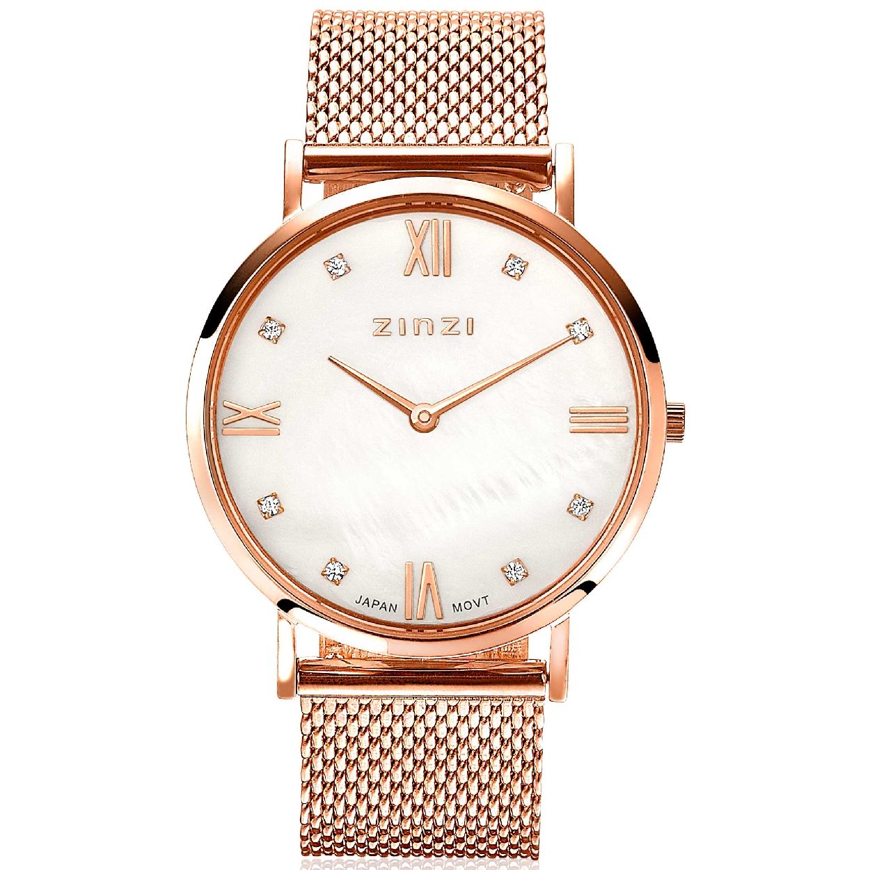 ZINZI Roman horloge  witte parelmoer wijzerplaat, witte zirconia's bij uuraanduiding en rosegoudkleurige kast, rose stalen mesh band 34mm extra dun ZIW522M