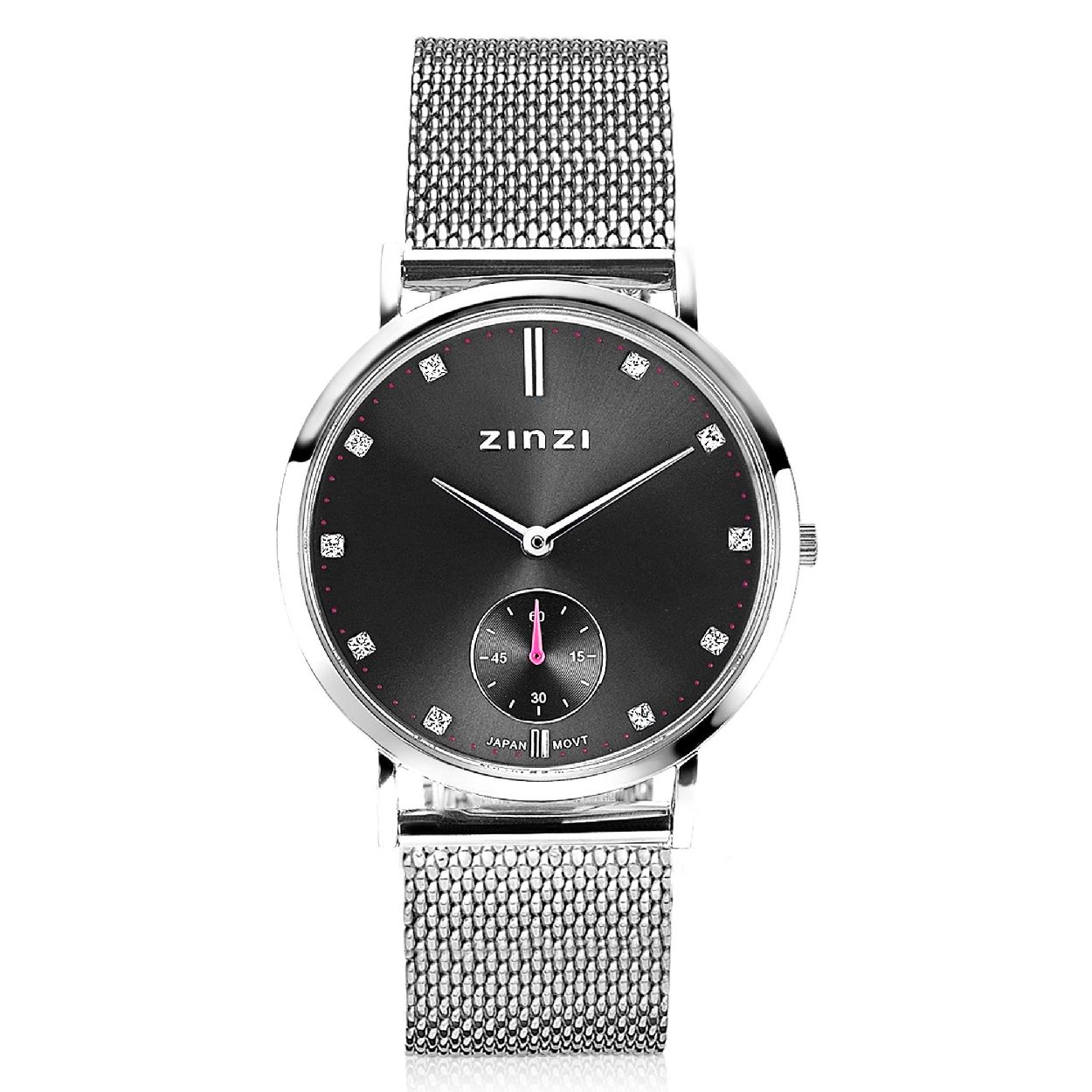 Zinzi Glam horloge donkergrijze wijzerplaat en kast stalen mesh band, witte crystals bij uuraanduiding, extra secondemeter, 34mm extra dun ZIW524M