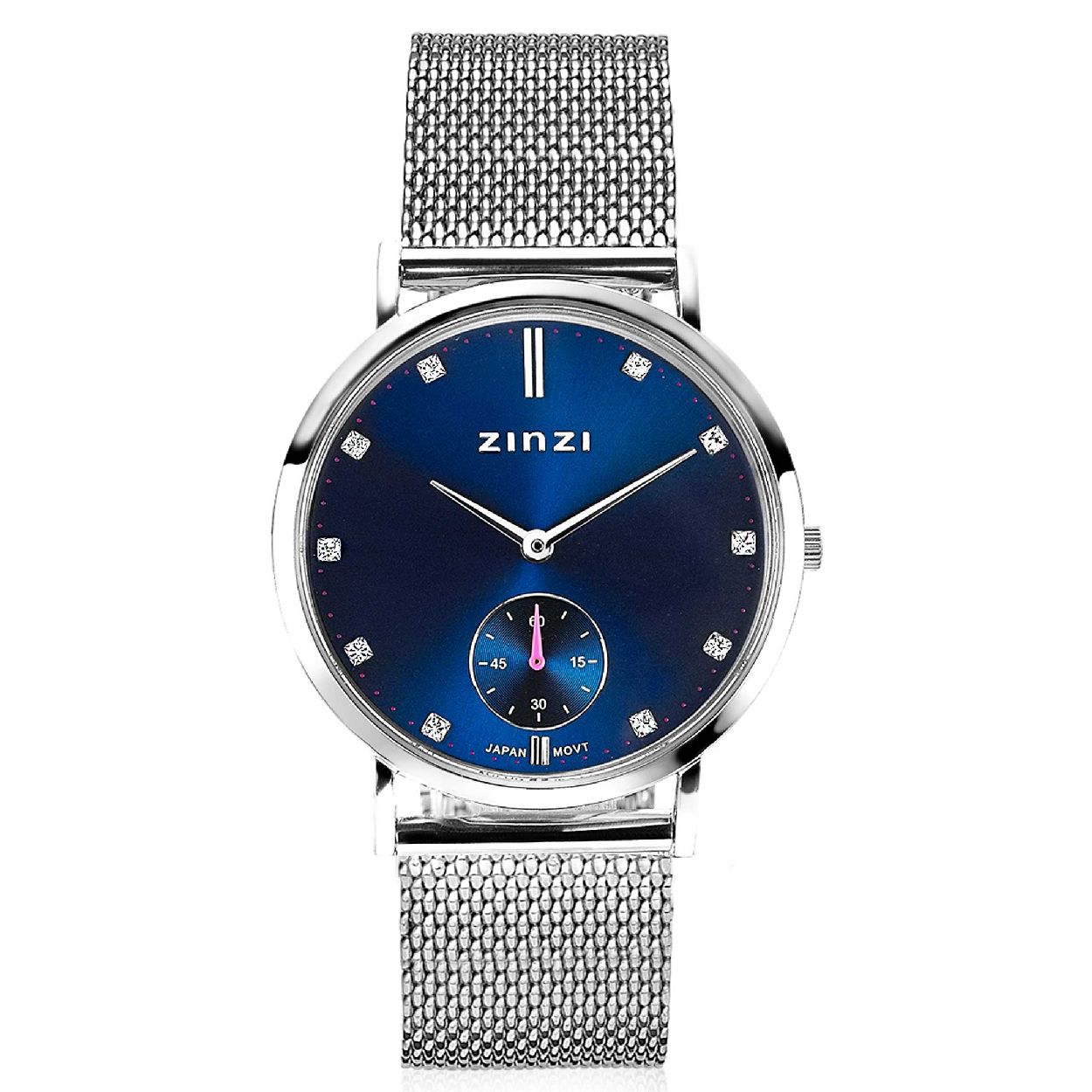 Zinzi Glam horloge donkerblauwe wijzerplaat en kast stalen mesh band, witte crystals bij uuraanduiding, extra secondemeter, 34mm extra dun ZIW525M