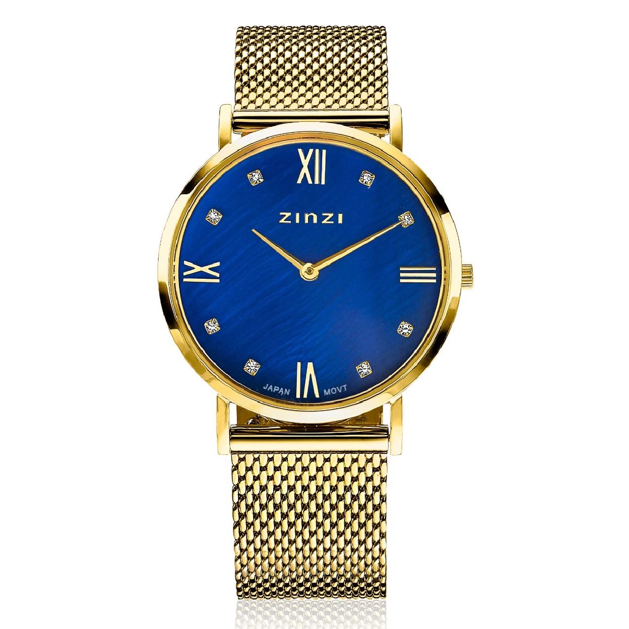 ZINZI Roman horloge donkerblauwe parelmoer wijzerplaat, geelgoudkleurige stalen kast, witte zirconia's bij uuraanduiding, geelgoudkleurige stalen mesh band 34mm extra dun ZIW547M