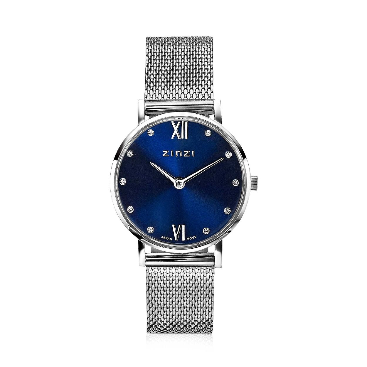 ZINZI Lady Crystal horloge donkerblauwe wijzerplaat en kast stalen mesh band, witte crystals bij uuraanduiding, 28mm  ZIW630M