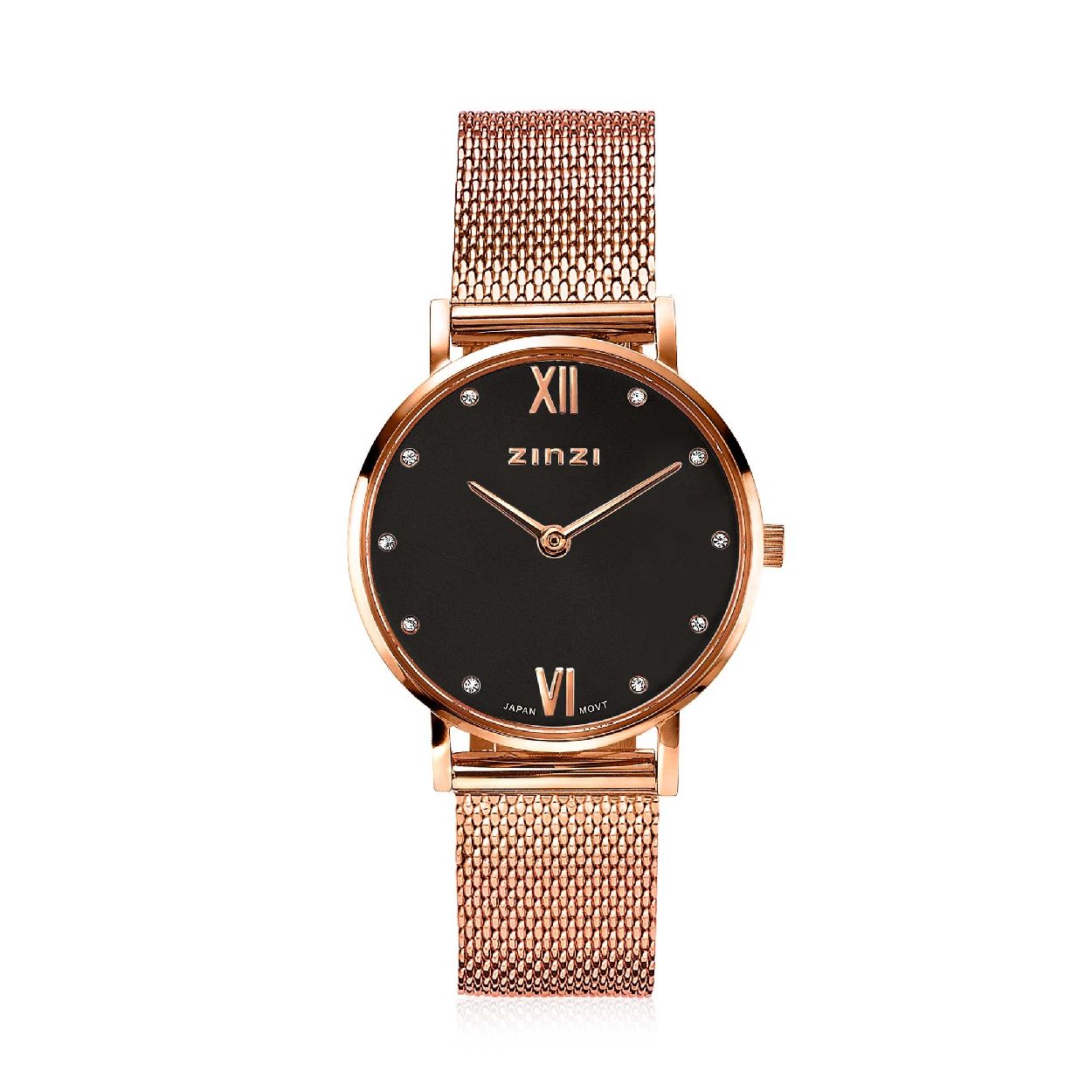 ZINZI Lady Crystal horloge zwarte wijzerplaat en rosegoudkleurige kast stalen mesh band, witte crystals bij uuraanduiding, 28mm extra dun ZIW632M