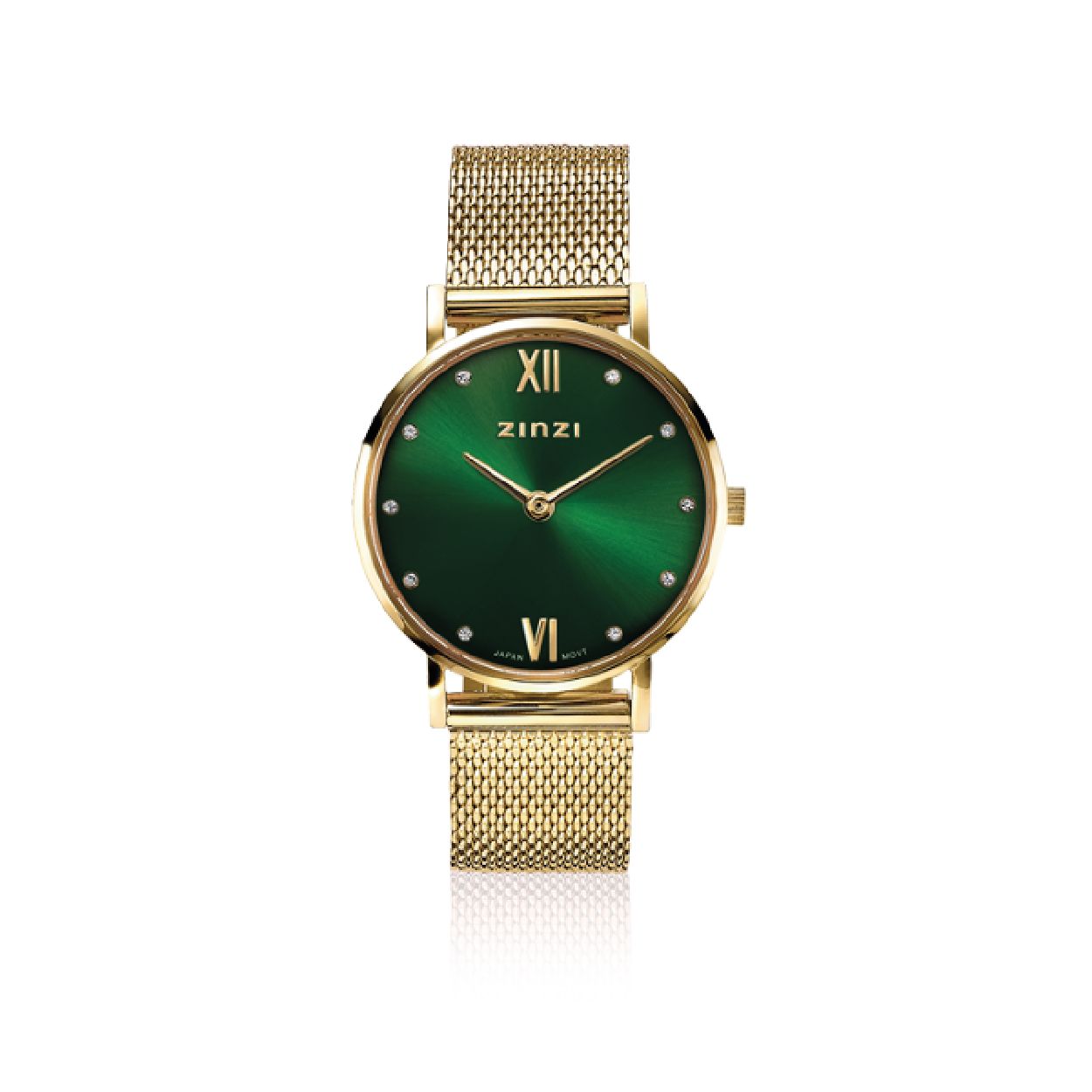 ZINZI Lady Crystal horloge groene wijzerplaat, geelgoudkleurige kast en stalen mesh band, witte crystals bij uuraanduiding, 28mm extra dun ZIW635M