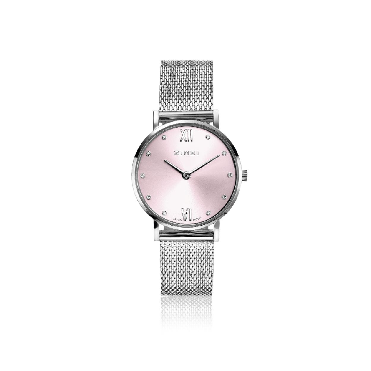 ZINZI Lady Crystal horloge roze wijzerplaat en kast stalen mesh band, witte crystals bij uuraanduiding, 28mm extra dun ZIW641M