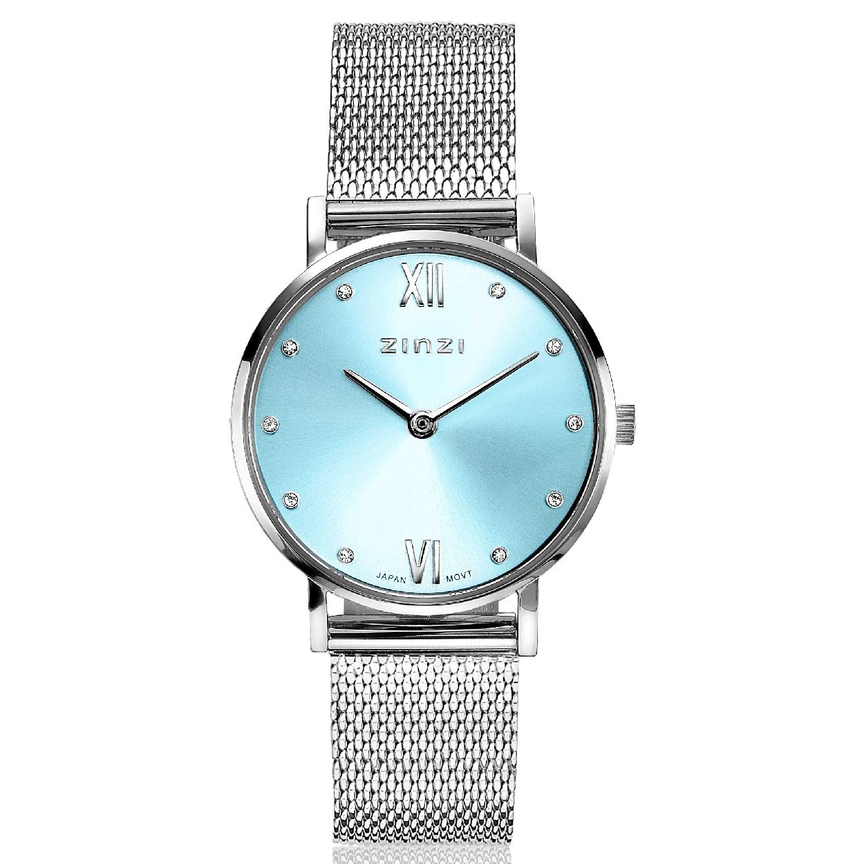 ZINZI Lady Crystal horloge ice blue wijzerplaat en kast stalen mesh band, witte crystals bij uuraanduiding, 28mm extra dun ZIW645M