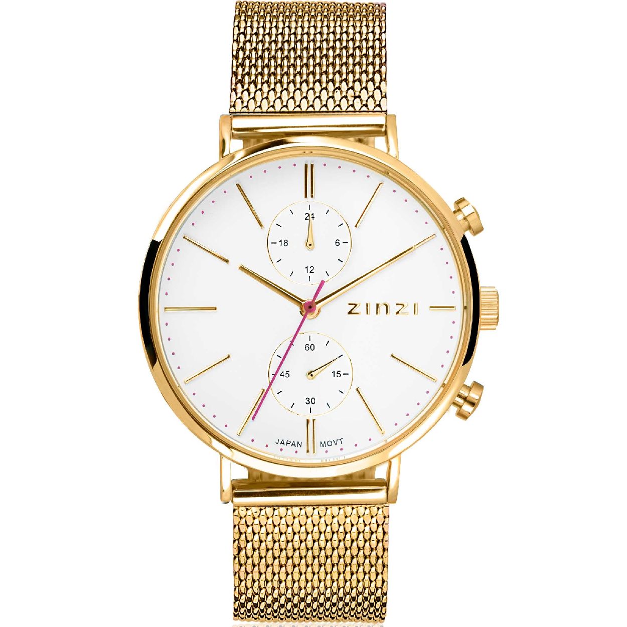 ZINZI Traveller horloge witte wijzerplaat en geelgoudkleurige stalen kast  mesh band geelgoudkleurig 39mm dual time ZIW707M