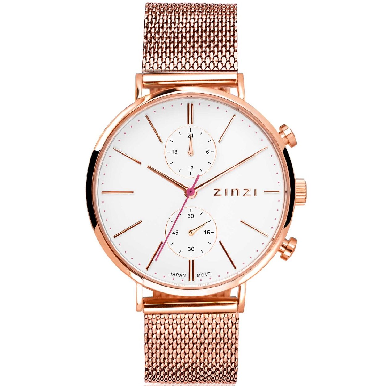ZINZI Traveller horloge witte wijzerplaat en rosegoudkleurige kast stalen mesh band rosegoudkleurig 39mm dual time ZIW708M