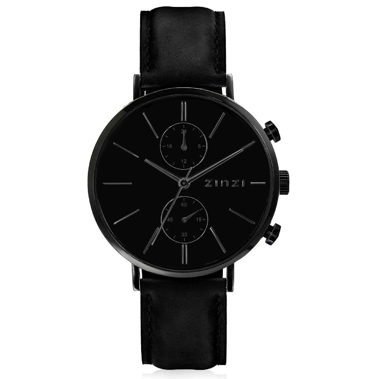 ZINZI Man watch Traveller black zwarte wijzerplaat matzwarte stalen kast zwarte leren band 39mm dual time ZIW750