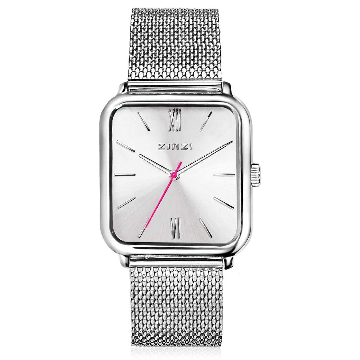 ZINZI Square Roman horloge zilvergekleurde wijzerplaat en rechthoekige kast stalen mesh band 32mm extra dun ZIW802M