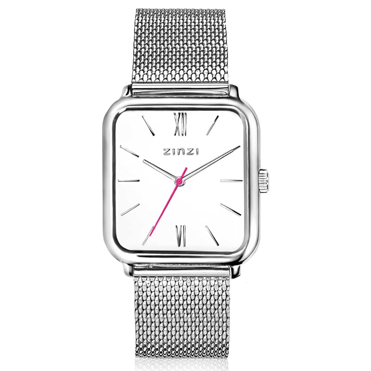 ZINZI Square Roman horloge witte wijzerplaat en rechthoekige kast stalen mesh band 32mm extra dun ZIW806M
