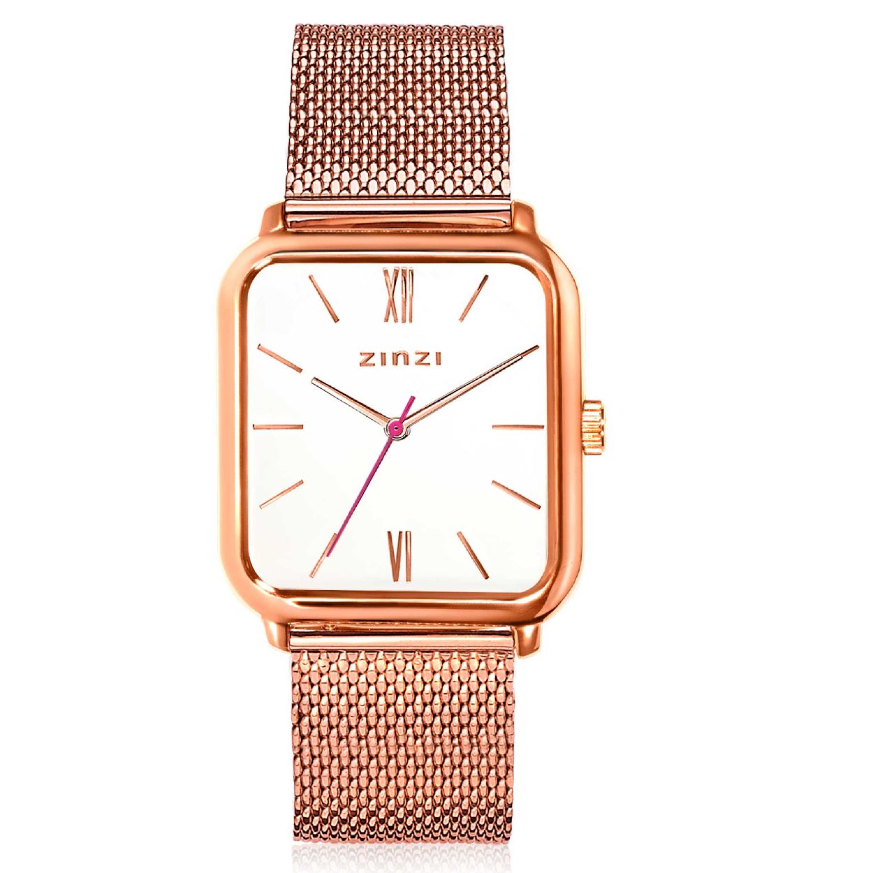 ZINZI Square Roman horloge witte wijzerplaat en rechthoekige rosegoudkleurige kast stalen mesh band 32mm extra dun ZIW808M
