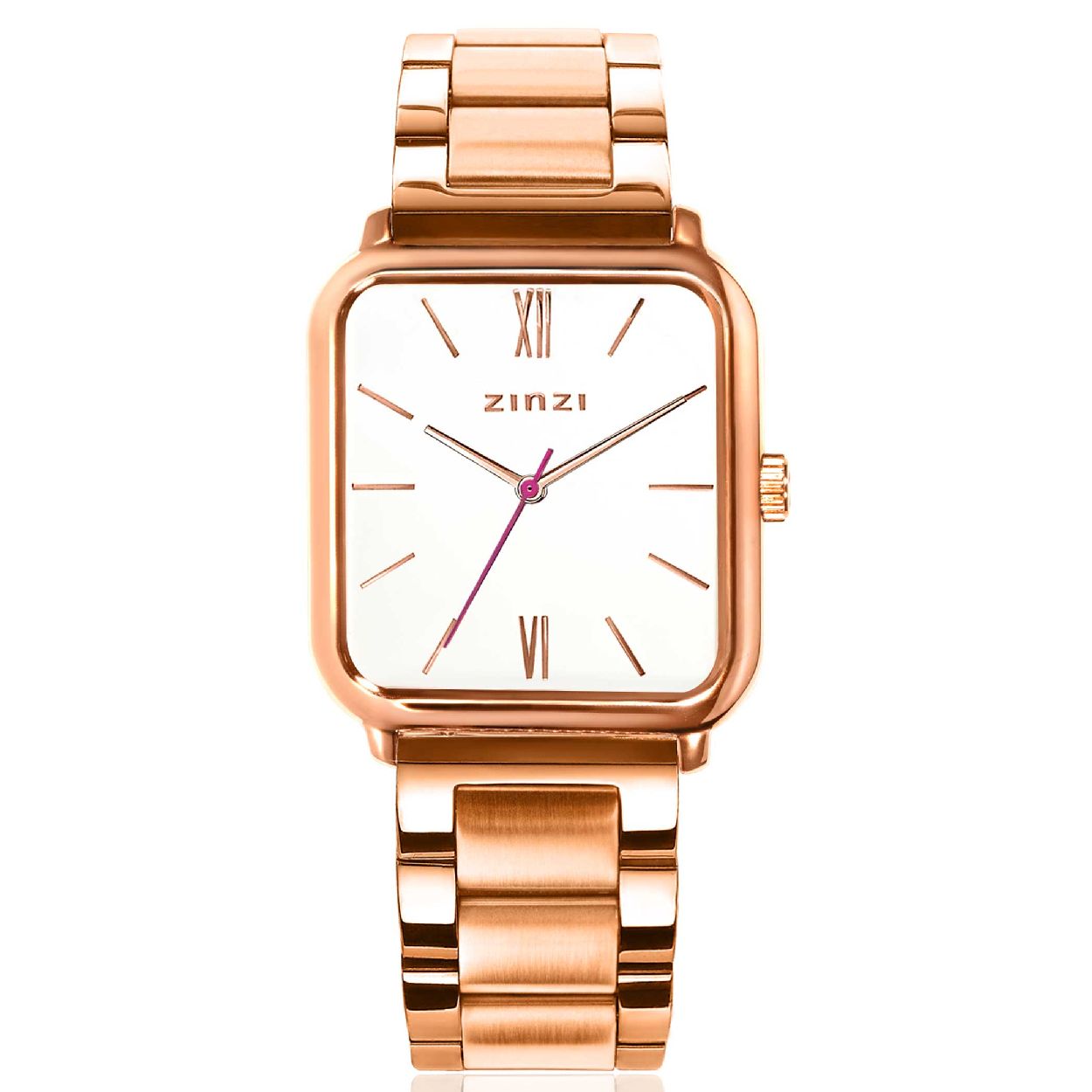 ZINZI Square Roman horloge witte wijzerplaat en rechthoekige rosegoudkleurige kast stalen schakelband 32mm extra dun ZIW808S
