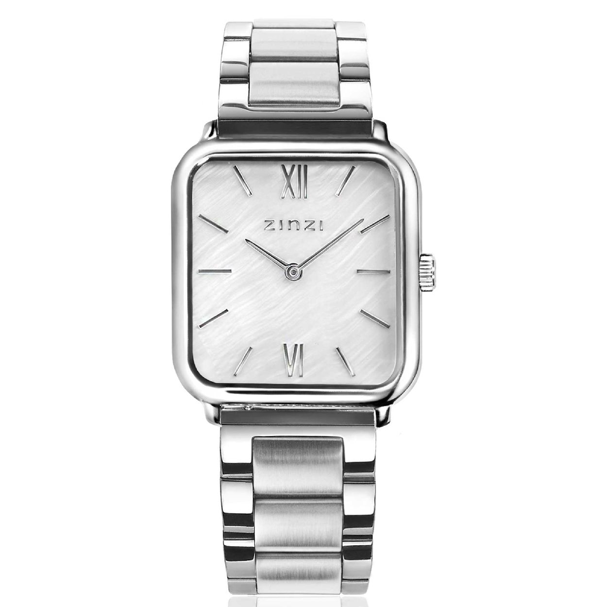ZINZI Square Roman horloge witte parelmoer wijzerplaat en rechthoekige kast stalen schakelband 32mm extra dun ZIW821S