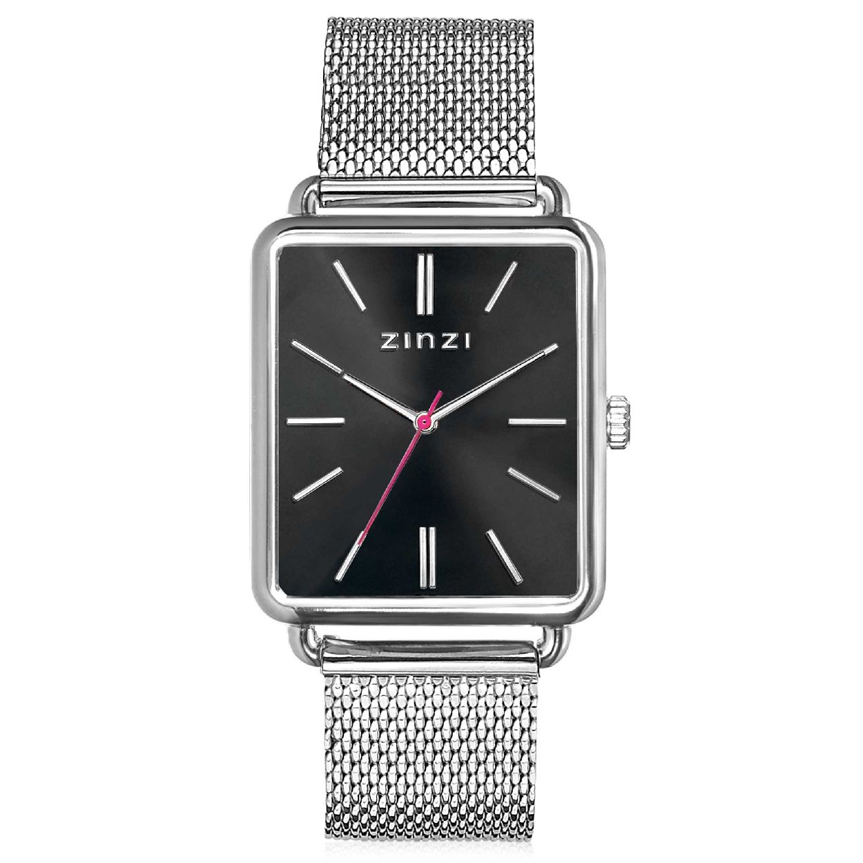 ZINZI Vintage Retro horloge zwarte wijzerplaat en rechthoekige kast stalen mesh band 34mm extra dun ZIW901M