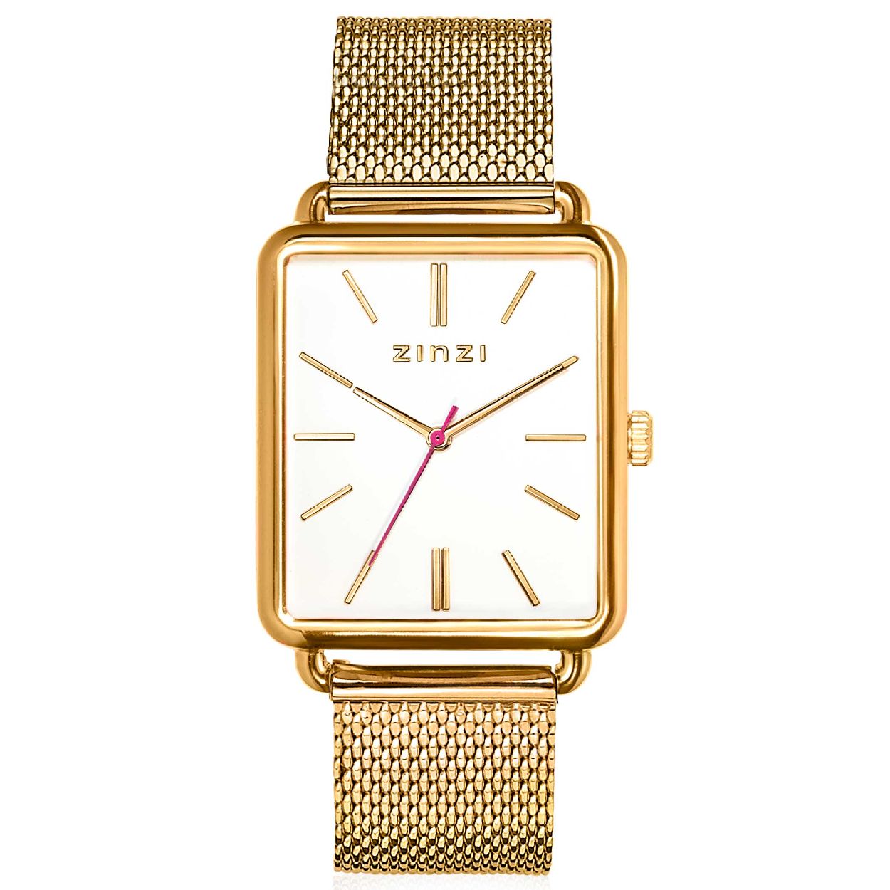 ZINZI Vintage Retro horloge witte wijzerplaat en rechthoekige kast, geelgoudkleurige stalen mesh band 34mm extra dun ZIW907M