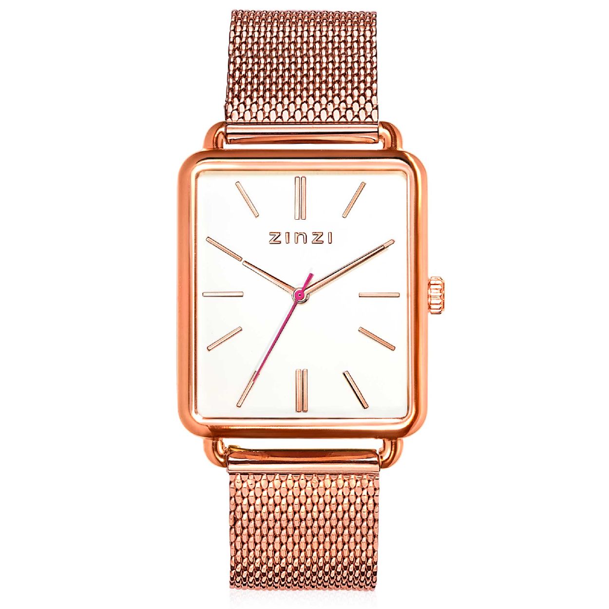 ZINZI Vintage Retro horloge witte wijzerplaat en rechthoekige rosegoudkleurige kast stalen mesh band 34mm extra dun ZIW908M