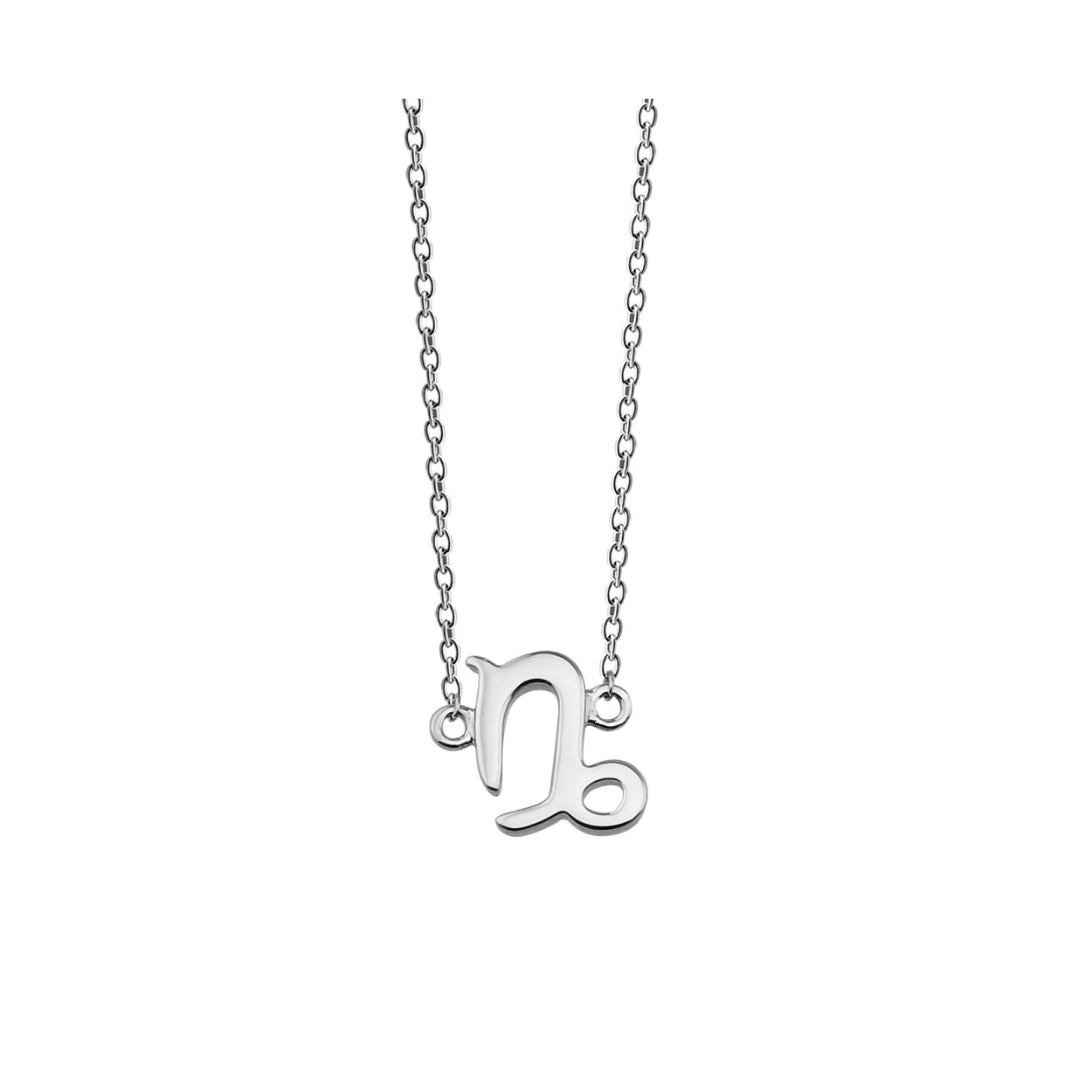 Zilveren collier in anker schakel, met in het midden het sterrenbeeldteken steenbok. De lengte van het collier is42cm met een extra extensie van 3cm