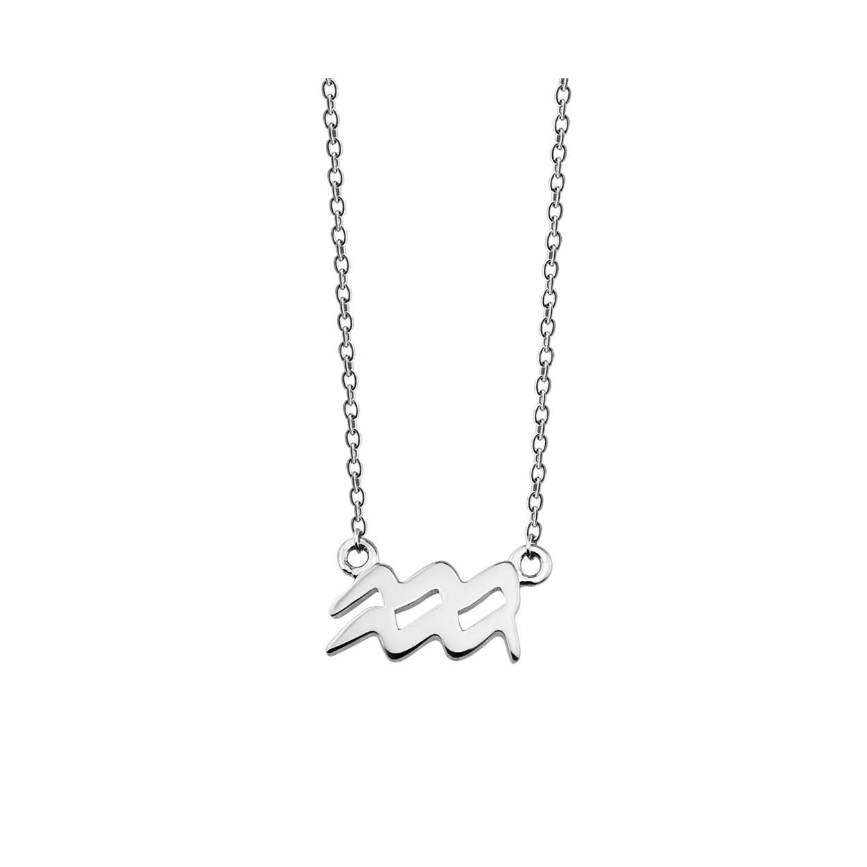 Zilveren collier in anker schakel, met in het midden het sterrenbeeldteken waterman. De lengte van het collier is 42cm met een extra extensie van 3cm