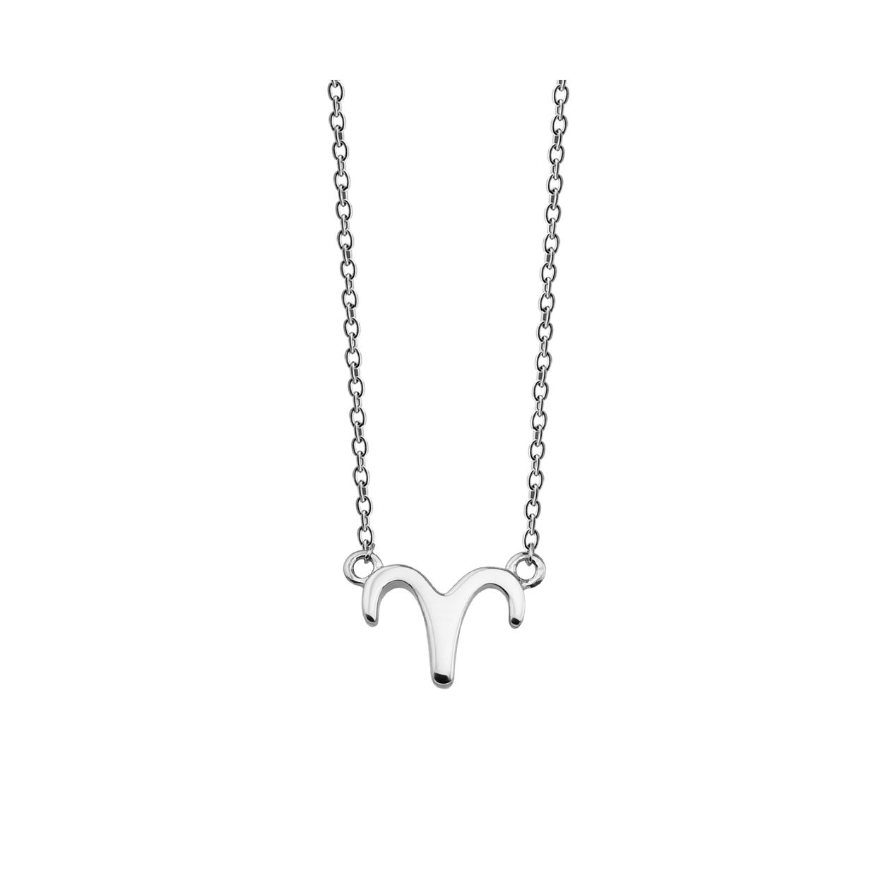 Zilveren collier in anker schakel, met in het midden het sterrenbeeldteken ram. De lengte van het collier is 42cm met een extra extensie van 3cm