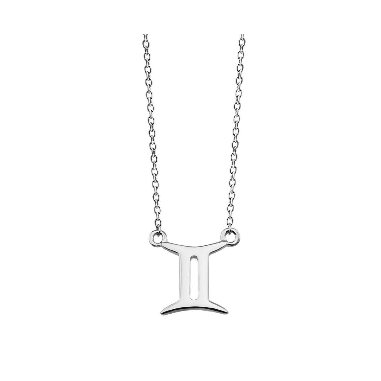 Zilveren collier in ankerschakel, met in het midden het sterrenbeeldteken tweeling. De lengte van het collier is 42cm met een extra extensie van 3cm