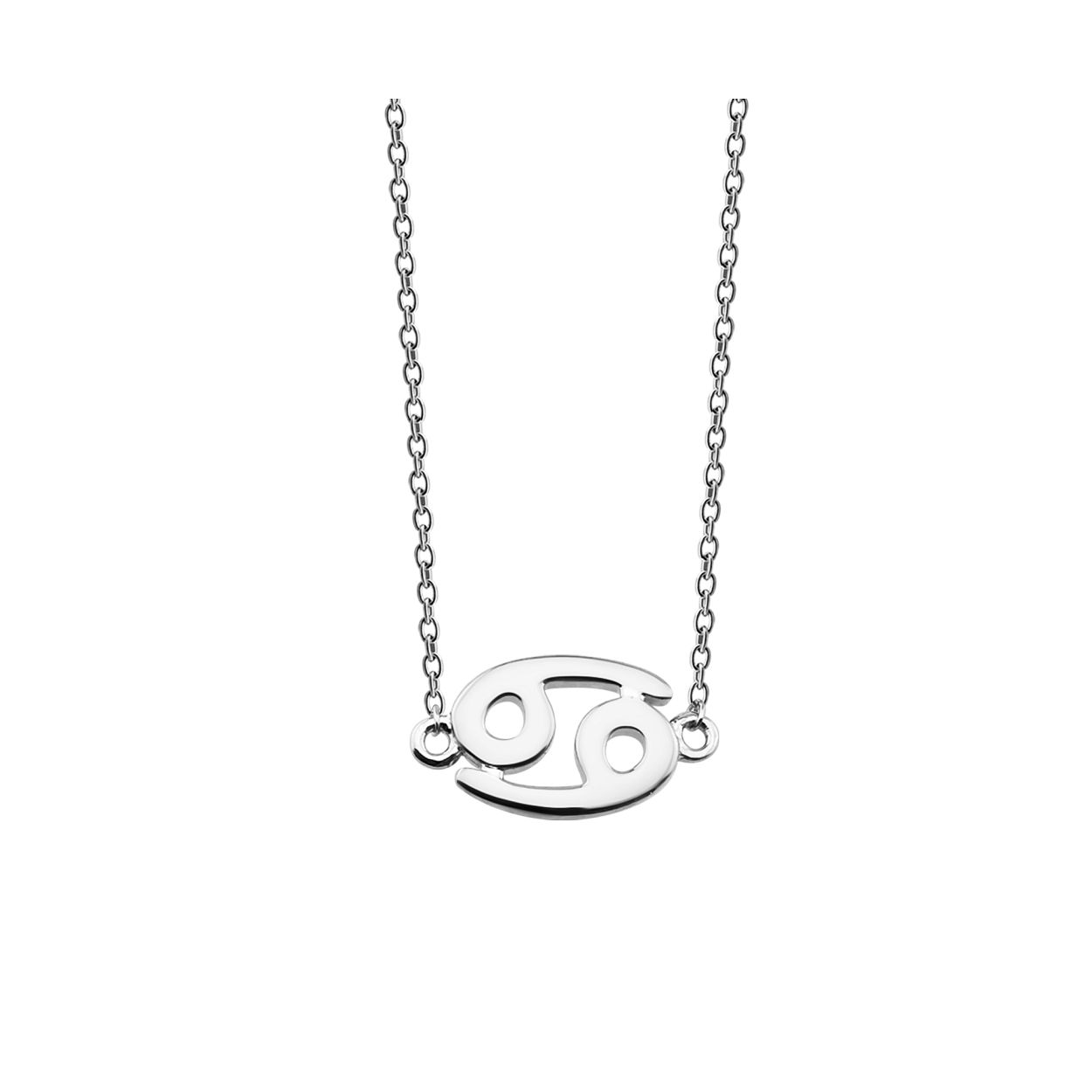 Zilveren collier in ankerschakel, met in het midden het sterrenbeeldteken kreeft. De lengte van het collier is 42cm met een extra extensie van 3cm