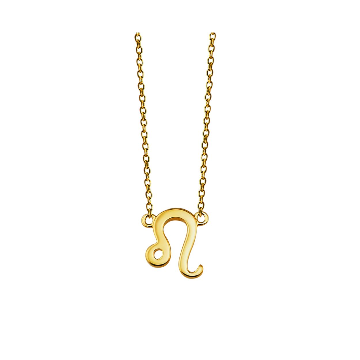 Zilver verguld collier in anker schakel, met in het midden het sterrenbeeldteken leeuw. De lengte van het collier is 42cm met een extra extensie van 3cm