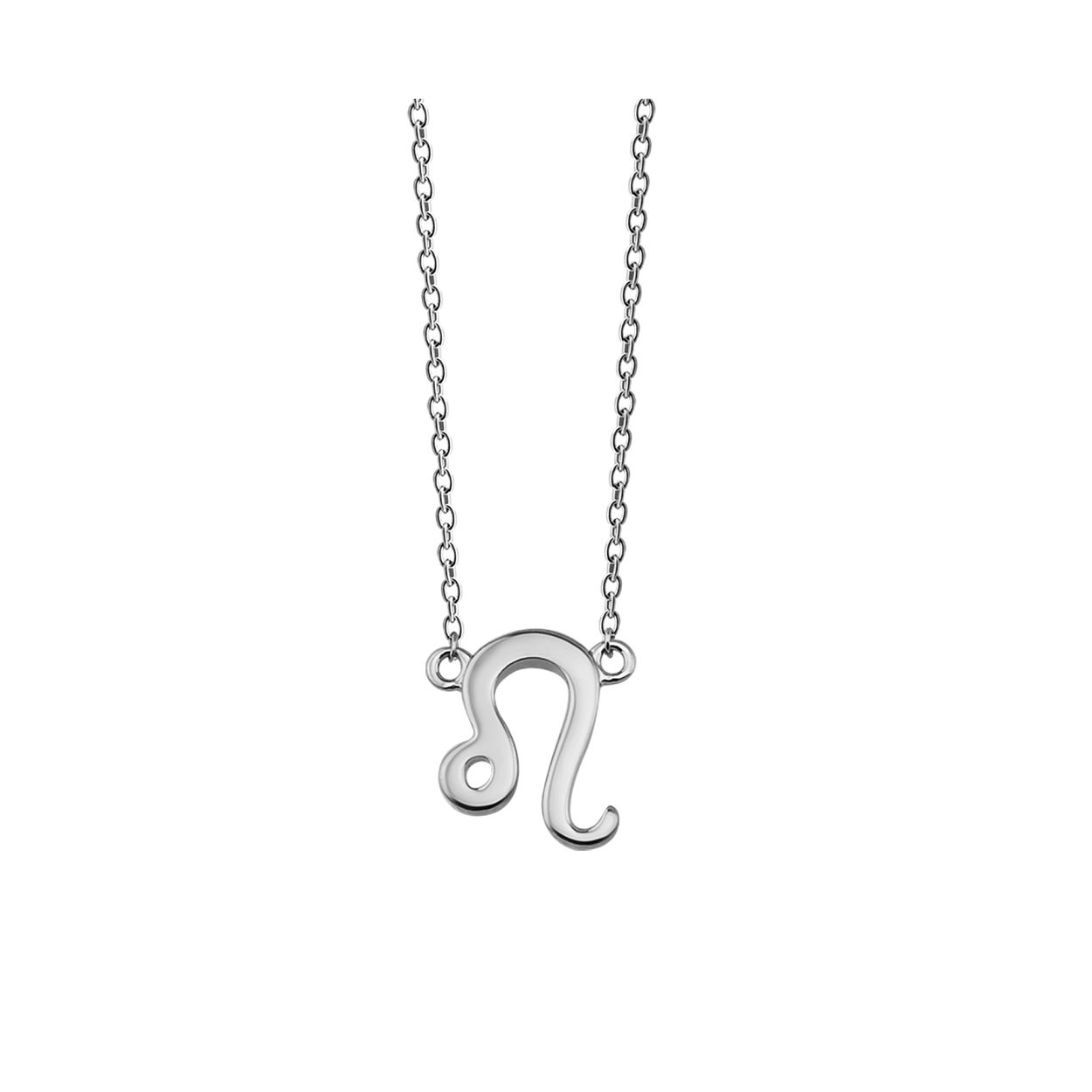 Zilveren collier in anker schakel, met in het midden het sterrenbeeldteken leeuw. De lengte van het collier is 42cm met een extra extensie van 3cm
