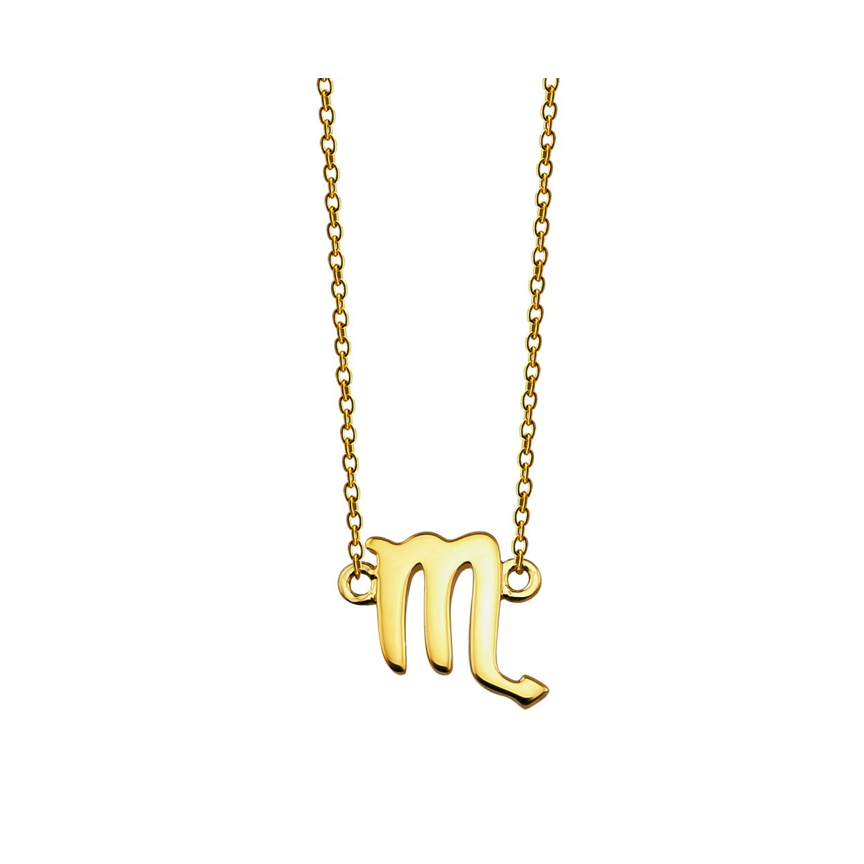 Zilver vergulde collier in anker schakel, met in het midden het sterrenbeeldteken schorpioen. De lengte van het collier is 42cm met een extra extensie van 3cm