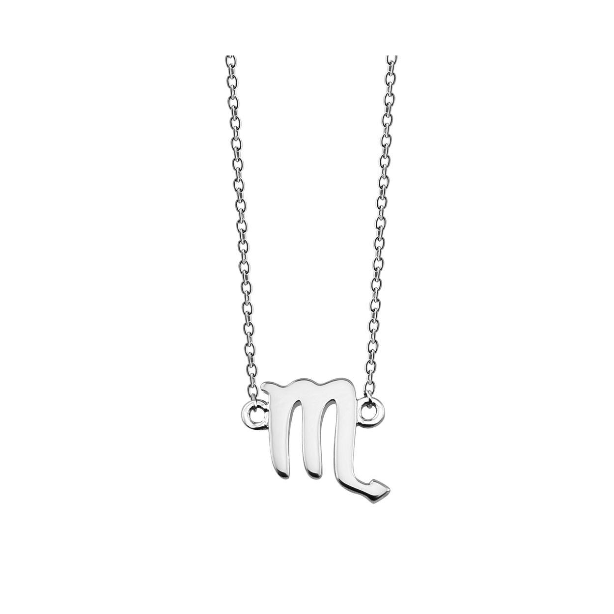 Zilveren collier in anker schakel, met in het midden het sterrenbeeldteken schorpioen. De lengte van het collier is 42cm met een extra extensie van 3cm