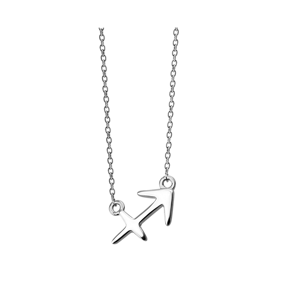 Zilveren collier in anker schakel, met in het midden het sterrenbeeldteken boogschutter. De lengte van het collier is 42cm met een extra extensie van 3cm