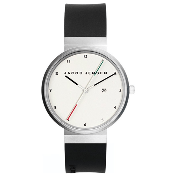 De New collectie is de meest beroemde collectie van Jacob Jensen. Met de collectie werd in 2012 de begeerde Red Dot Design Award gewonnen, omdat de jury onder de indruk was van het minimalistische ontwerp, dat in al haar eenvoud zorgt voor een verscherpte perceptie van de essentie. De Jacob Jensen  733 is een horloge met een witte wijzerplaat. De karakteristieke dubbele secondewijzer is aan een kant rood, in het midden wit en aan de andere kant groen. De kast van het horloge is van mat roestvrij staal en aan het horloge zit een zwart rubberen horlogeband, die door de bijzondere bevestiging eenvoudig (zelf) uit te wisselen of te vervangen is. Het 36 millimeter brede horloge heeft mineraal glas en een betrouwbaar Zwitsers Ronda quartz uurwerk, dat naast de tijd, ook de datum aangeeft. Van de Jacob Jensen  733 is ook een grotere variant, de  703, en een kleinere variant, de  743.