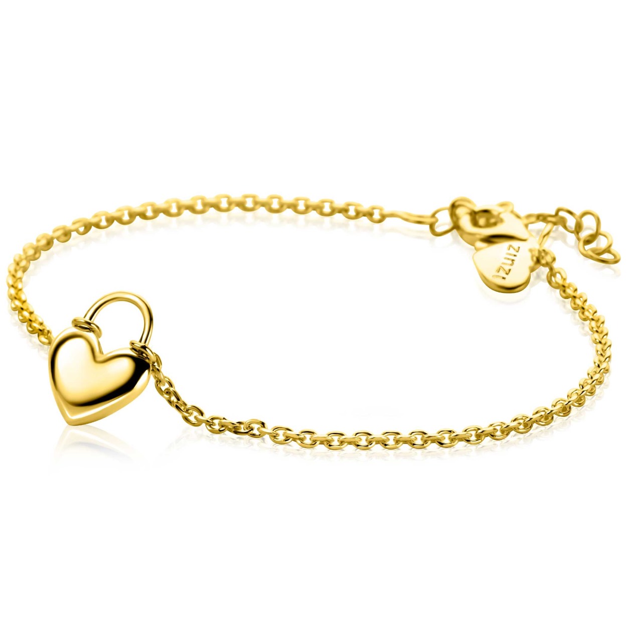 ZINZI gold plated zilveren schakelarmband met een hartvormige slot hanger in het midden. Het gladde hart is 13mm breed. Maak je look helemaal compleet met de bijpassende ketting. De lengte van de armband is te variëren tussen de 17cm en 20cm. Vervaardigd van eerste gehalte zilver (925) en extra geel verguld.