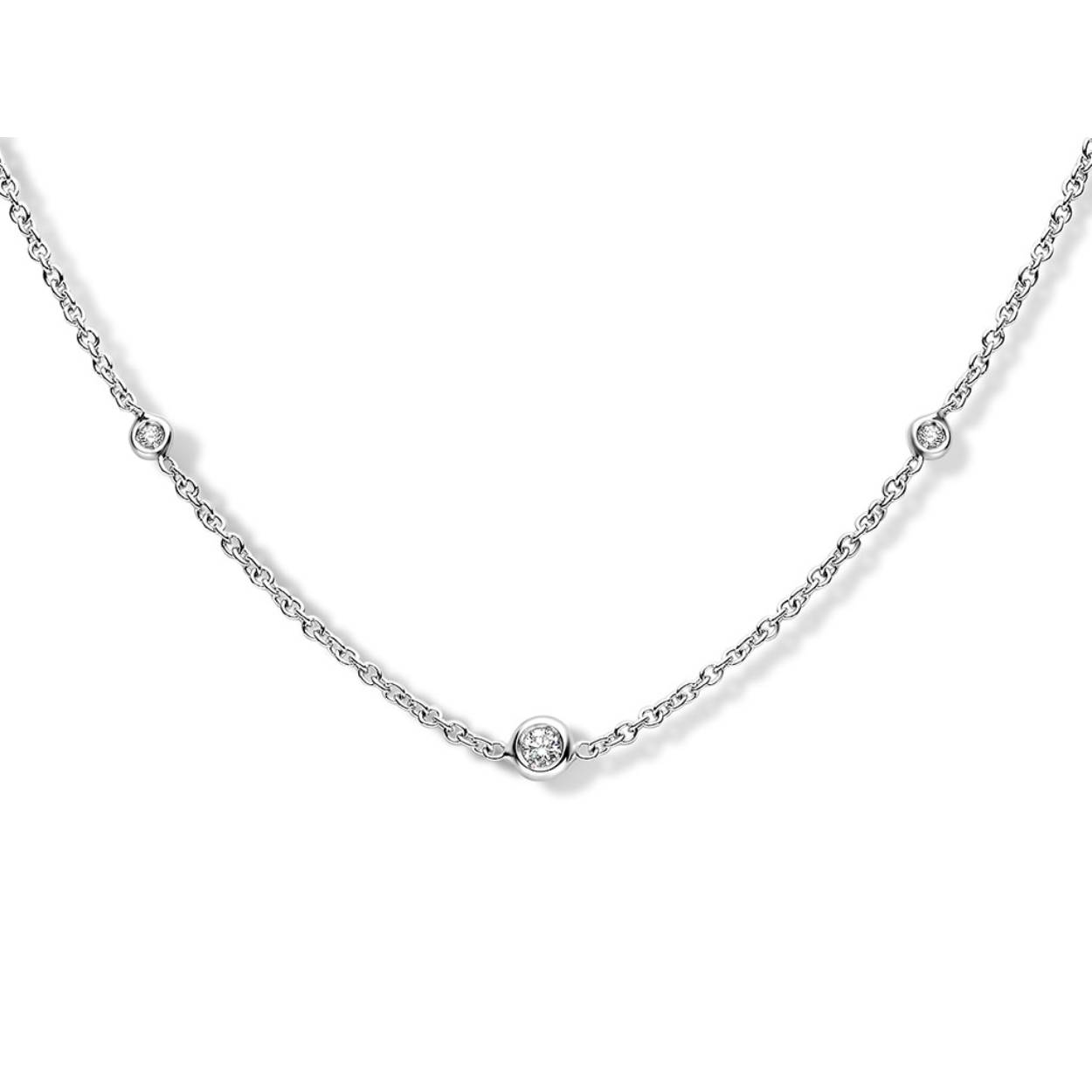 18 kt wit gouden collier (45 cm) met briljant: 0,20 ct
Bijhorende armband ook verkrijgbaar
De prijs kan variëren naargelang de goudprijs.