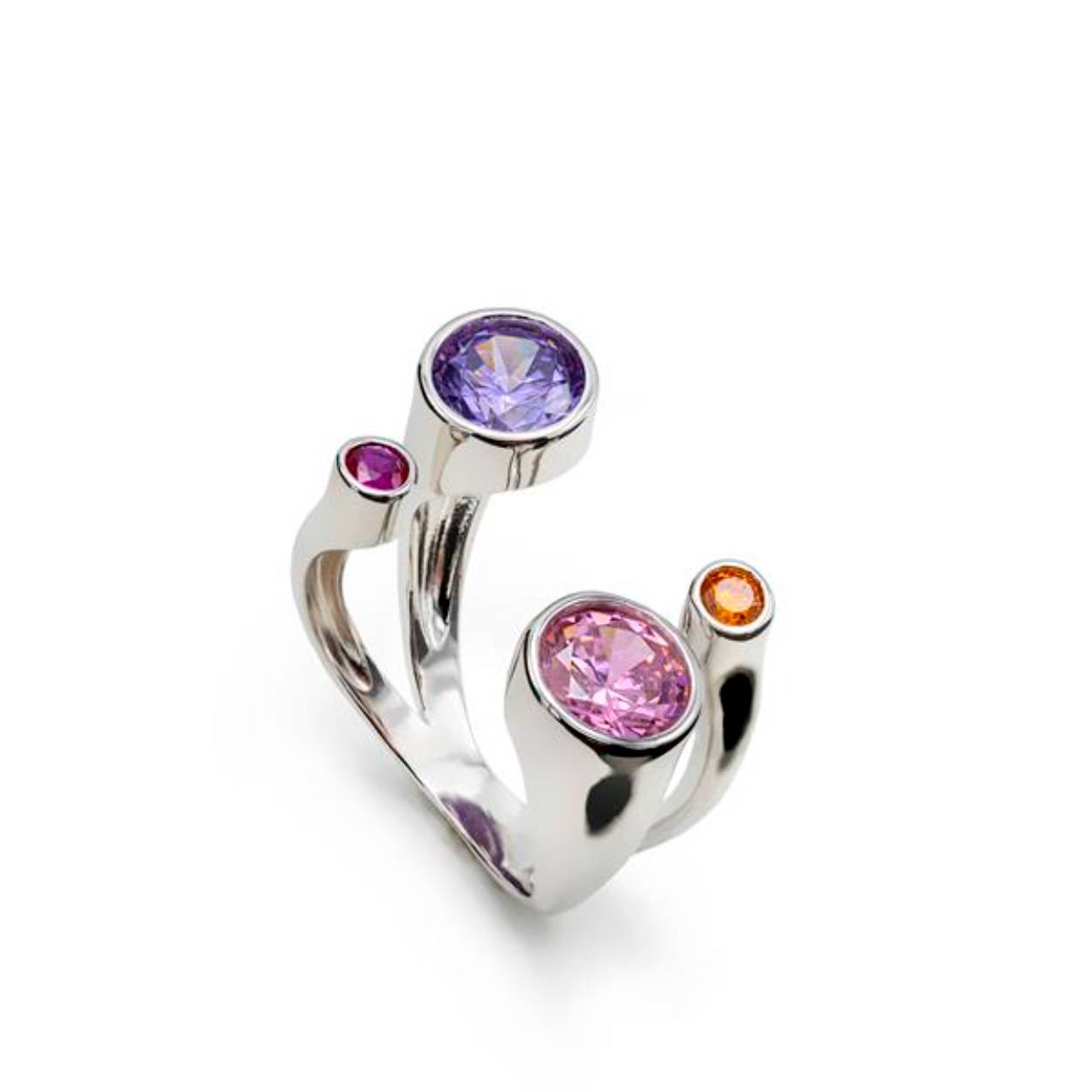 Zilveren ring open bovenzijde met gekleurde zirkonia,s