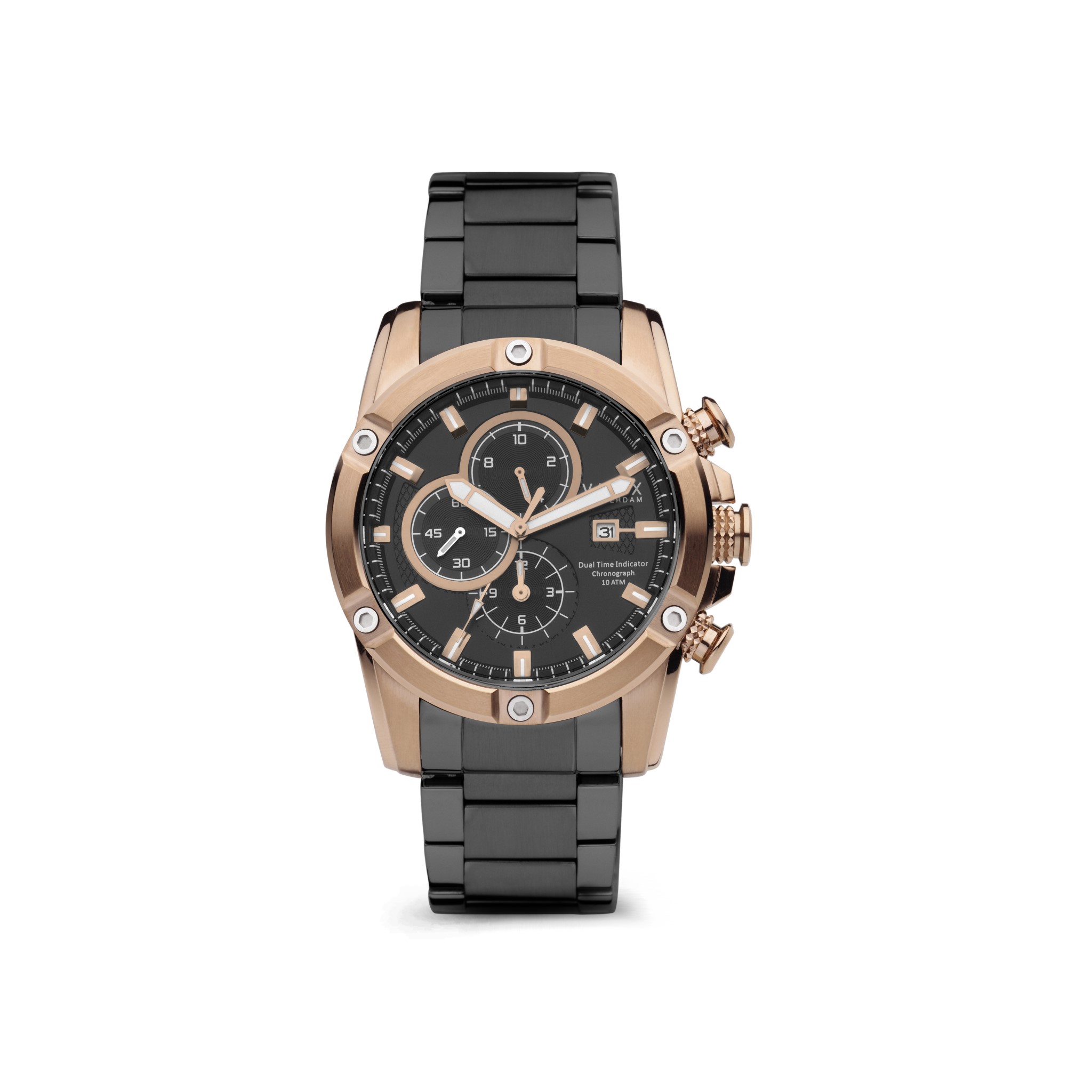 De Young Rebel Big Boy, het horloge dat jou rebelse kant ondersteunt. Zijn schitterende, stoere kast van 46 mm haalt het speelse in je naar boven. De rosé-gouden roestvrijstalen kast is massief en past perfect om de pols van een Young Rebel!

Zijn stijlvolle zwarte wijzerplaat bevat verschillende chronograaf functies, waaronder een stopwatch en een datum aanduiding. De massieve multifunctionele kast past perfect om de pols door zijn losse schakelband die eenvoudig op maat te maken is.

De Young Rebel is gemaakt om samen met zijn eigenaar rebelse paden te bewandelen. Zo is het horloge 10 ATM waardoor je er eenvoudig mee het water in kan. Besluit jij in een rebelse nacht het water in te springen, ook dan zal je Young Rebel je door zijn lichtgevende wijzers ten alle tijden op de hoogte houden van de tijd.

Zo zorgt VNDX ervoor dat Young Rebels nooit te laat zijn nieuwe herinneringen te creëren.