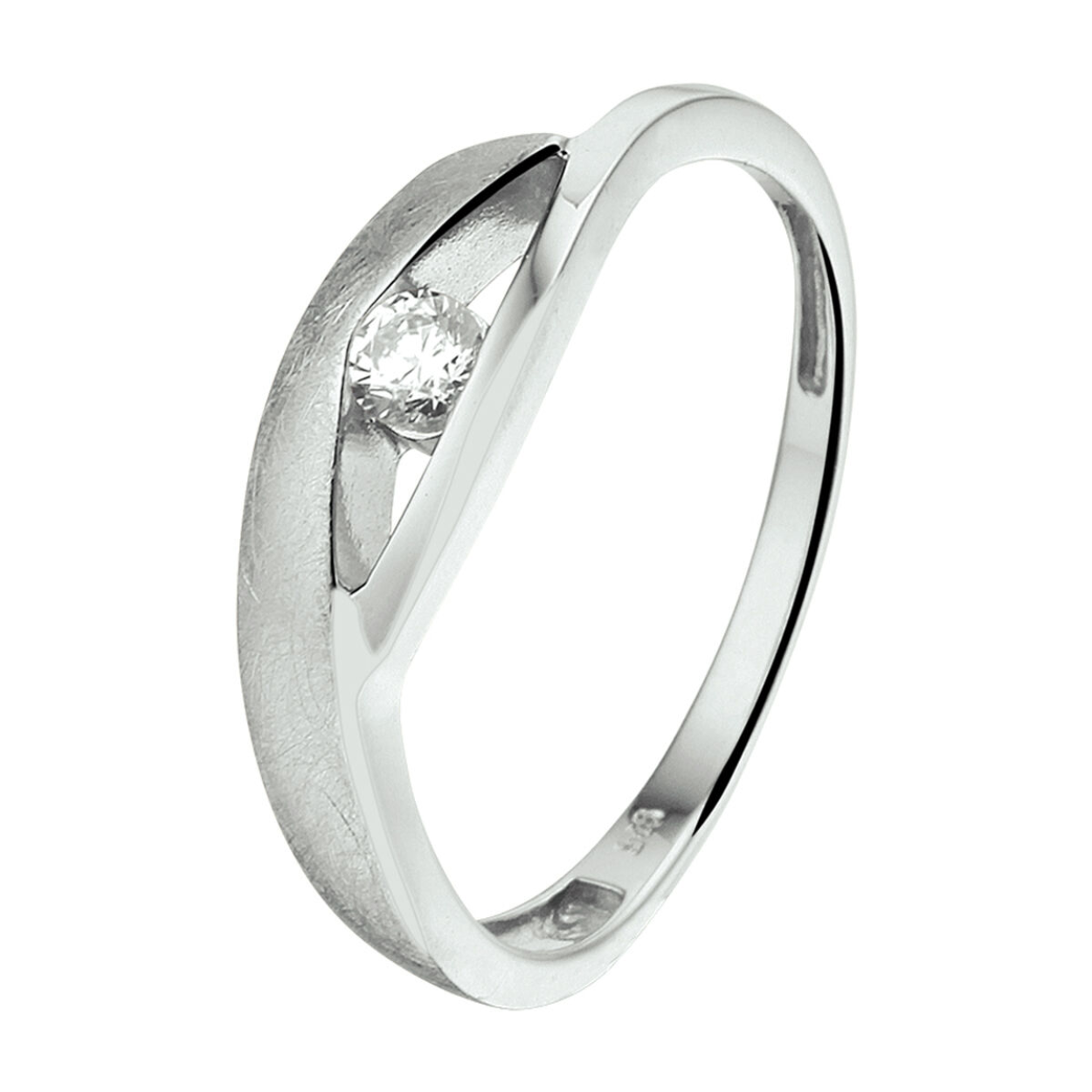 Gerhodineerd 925 zilveren ring uitgevoerd met een heldere zirkonia en een poli/matte afwerking. De ring heeft een breedte van 5.5mm.