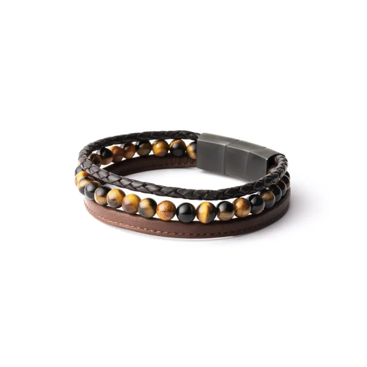 De Triple Brown armband is gemaakt van echt Italiaans nappaleer en elegante 6 mm Tijgeroog natuursteen, afkomstig uit Zuid-Afrika.

Tijgeroog wordt ook wel de 'steen der krijgers' genoemd. Het is een krachtige steen die je beschermt tegen negatieve invloeden. Hij zou je meer moed, kracht en doorzettingsvermogen geven.

lengte: 22 + 1 cm
