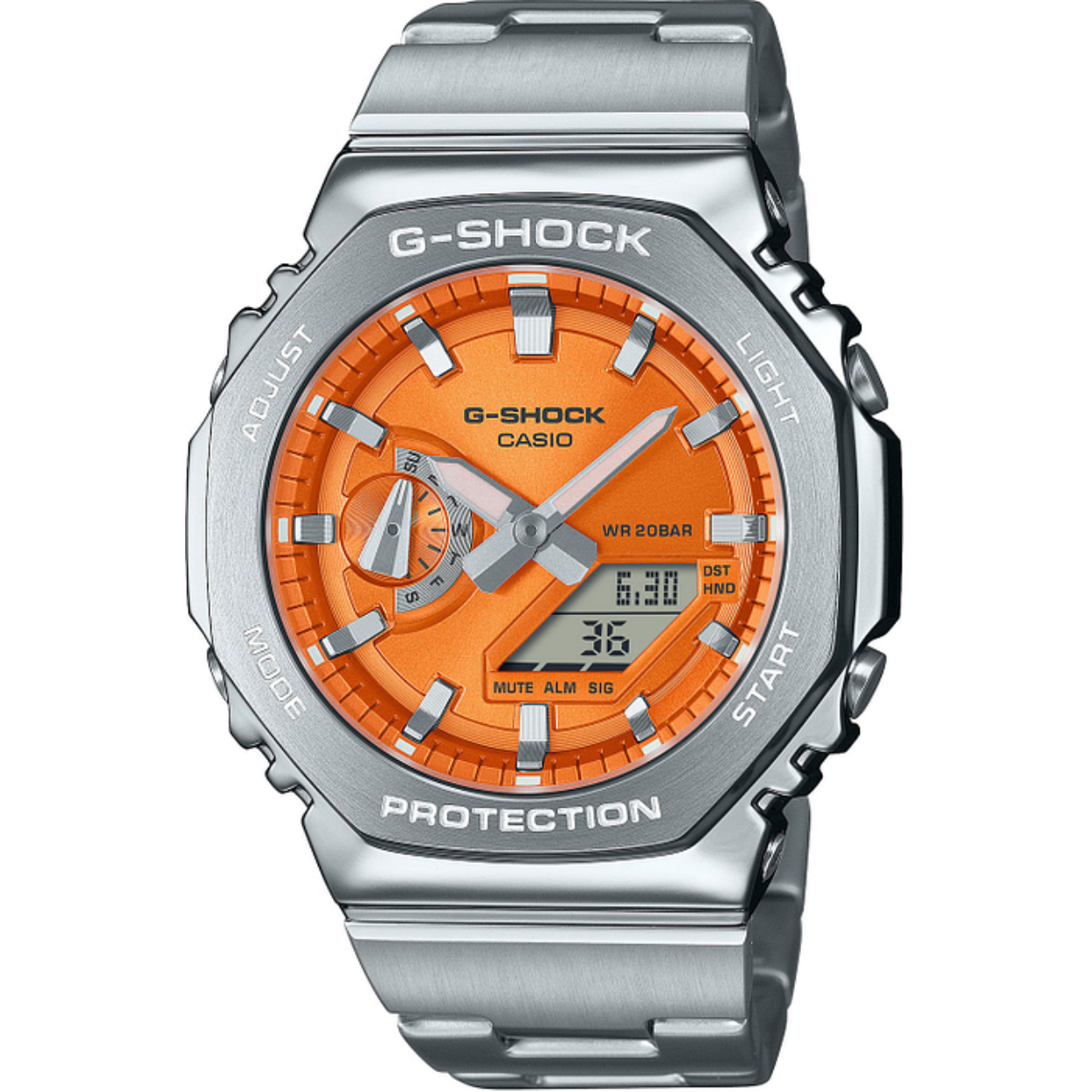Op zoek naar een stoer en robuust horloge dat ook nog eens stijlvol is? Dan is de CASIO G-SHOCK GM-2110D-4AER het perfecte horloge voor jou! Dit horloge heeft een analoge tijdsaanduiding en een quartz uurwerk, waardoor je altijd nauwkeurig de tijd kunt aflezen.

Met een diameter van 44 mm en een hoogte van 12 mm heeft dit horloge een opvallende en stoere uitstraling. De ronde zilverkleurige behuizing is gemaakt van roestvrij staal, wat zorgt voor duurzaamheid en kwaliteit. De oranje wijzerplaat geeft het horloge een speelse touch, terwijl het mineraalglas zorgt voor bescherming tegen krassen en stoten.

De zilverkleurige band van roestvrij staal is niet alleen stevig, maar ook comfortabel om te dragen. De vlinder- of vouwsluiting zorgt ervoor dat het horloge goed om je pols blijft zitten. Daarnaast beschikt de CASIO G-SHOCK GM-2110D-4AER over een handige datumweergave, zodat je altijd op de hoogte bent van de juiste datum.

Dit horloge is waterdicht tot 20 bar, wat betekent dat je er mee kunt duiken zonder dat het horloge beschadigd raakt. Of je nu gaat zwemmen, snorkelen of duiken, met de CASIO G-SHOCK GM-2110D-4AER ben je altijd voorbereid op elk avontuur.
