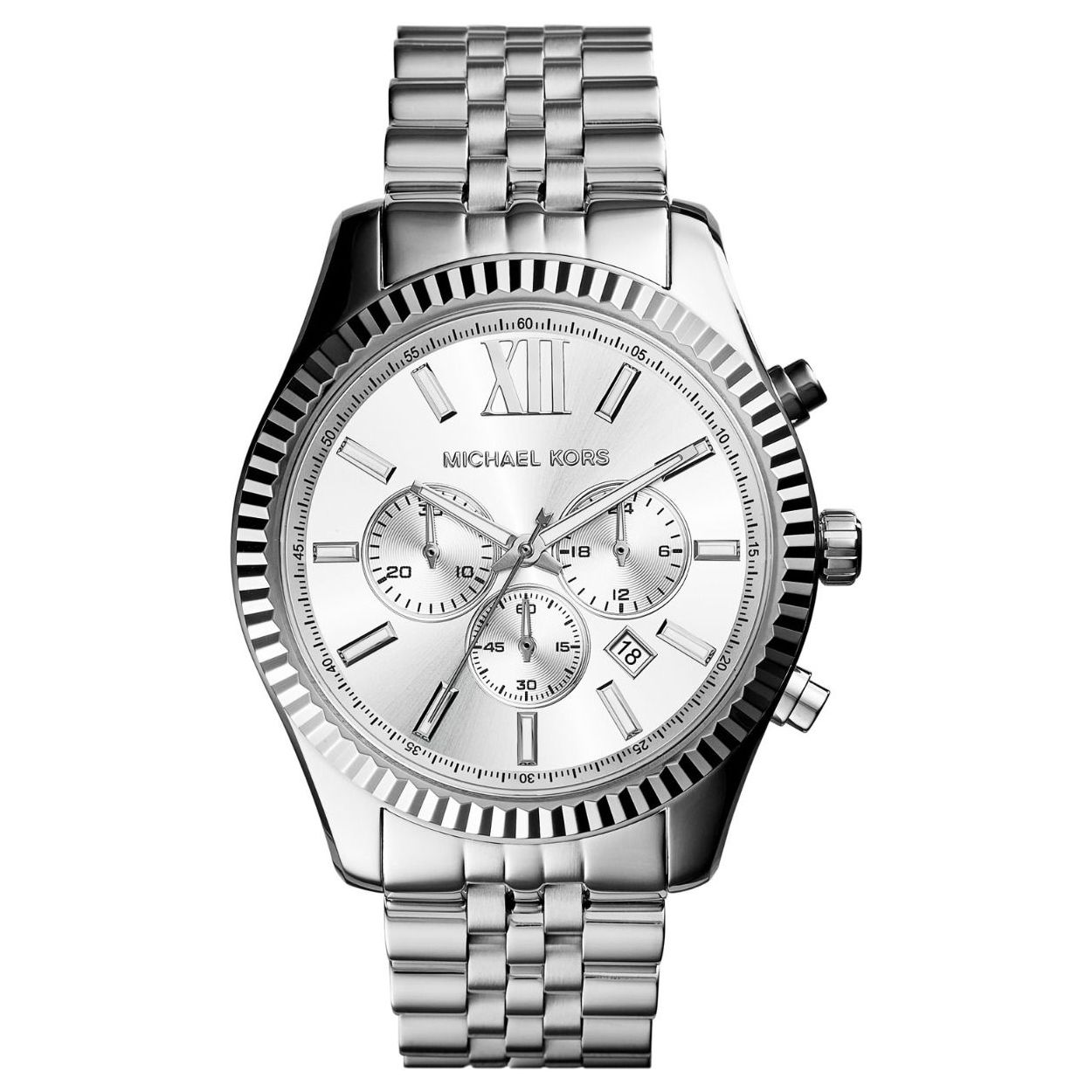 Dit Michael Kors horloge heeft een edelstalen kast en een edelstalen band.