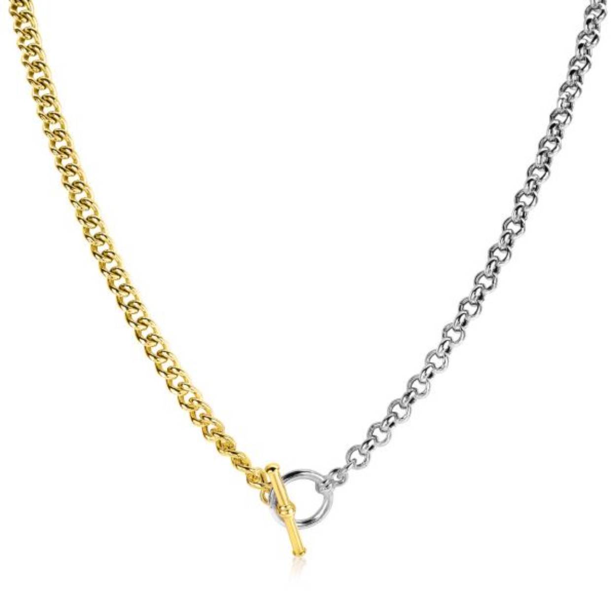 ZINZI zilveren bicolor ketting 45cm met trendy jasseron en gold plated gourmet schakels. Met sierlijke kapittelsluiting. De lengte is te variëren tussen 42 en 45cm. Vervaardigd van eerste gehalte zilver (925) en met extra rodiumlaag voor een langdurige glans / extra 14K geel vergulding.