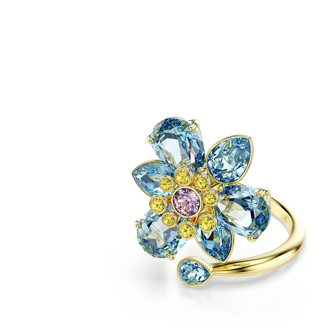 Til uw op de natuur geïnspireerde stijl naar een hoger niveau met deze schitterende ring met motief. De band met goudkleurige toplaag slingert zich rond de vinger met in het midden een bloem vervaardigd uit blauwe en gele kristallen. De verschillende vormen en tinten zorgen voor magie in elk detail. Combineer deze ring met een bijpassende Idyllia-hanger voor een complete look vol kleur en plezier.