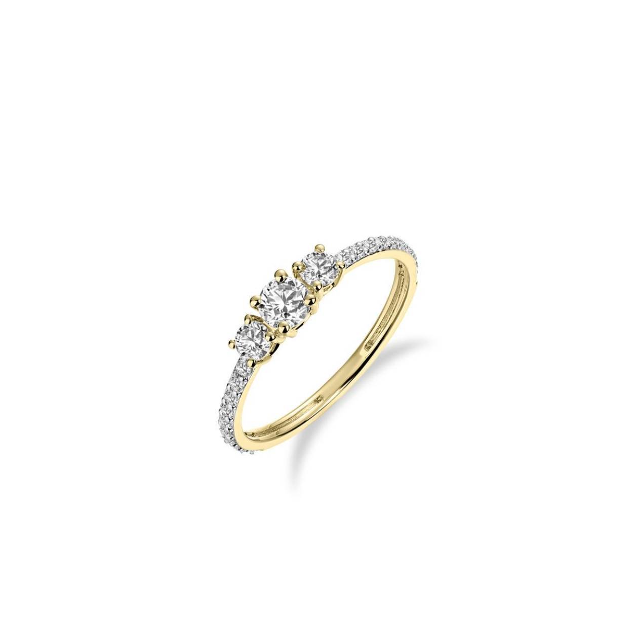 GISSER 14 KARAATS GOUDEN RING TRILOGY MET ZIRKONIA. DE RING MAAT IS 56