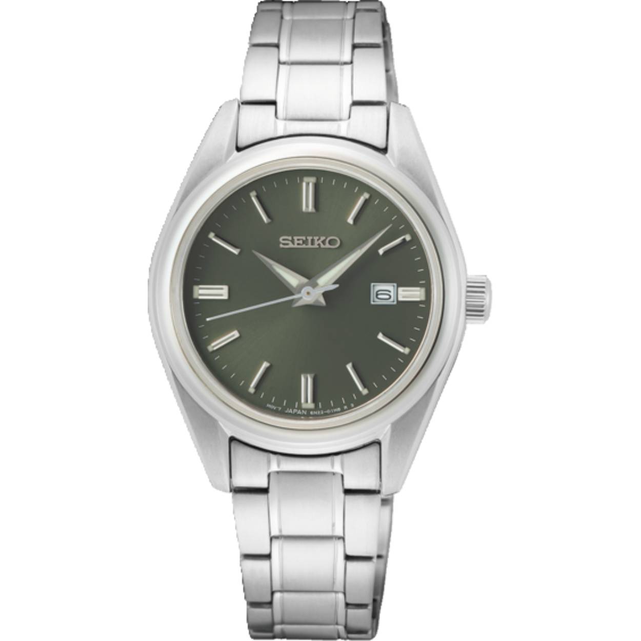 Dit is een dameshorloge van het merk Seiko. Het is een analoog horloge gemaakt van staal. De diameter van de kast is 29.8 mm en de kast is 8.8 mm dik.
De verdere specificaties van het horloge zijn als volgt:
Kastvorm: rond
Kastkleur: zilverkleurig
Kastmateriaal: staal
Bandbreedte: 14 mm
Bandlengte: 184 mm
Sluiting: vouwsluiting met drukker
Wijzerplaatkleur: groen
Glassoort: saffier glas
Waterdichtheid: 10 ATM
Techniek: quartz